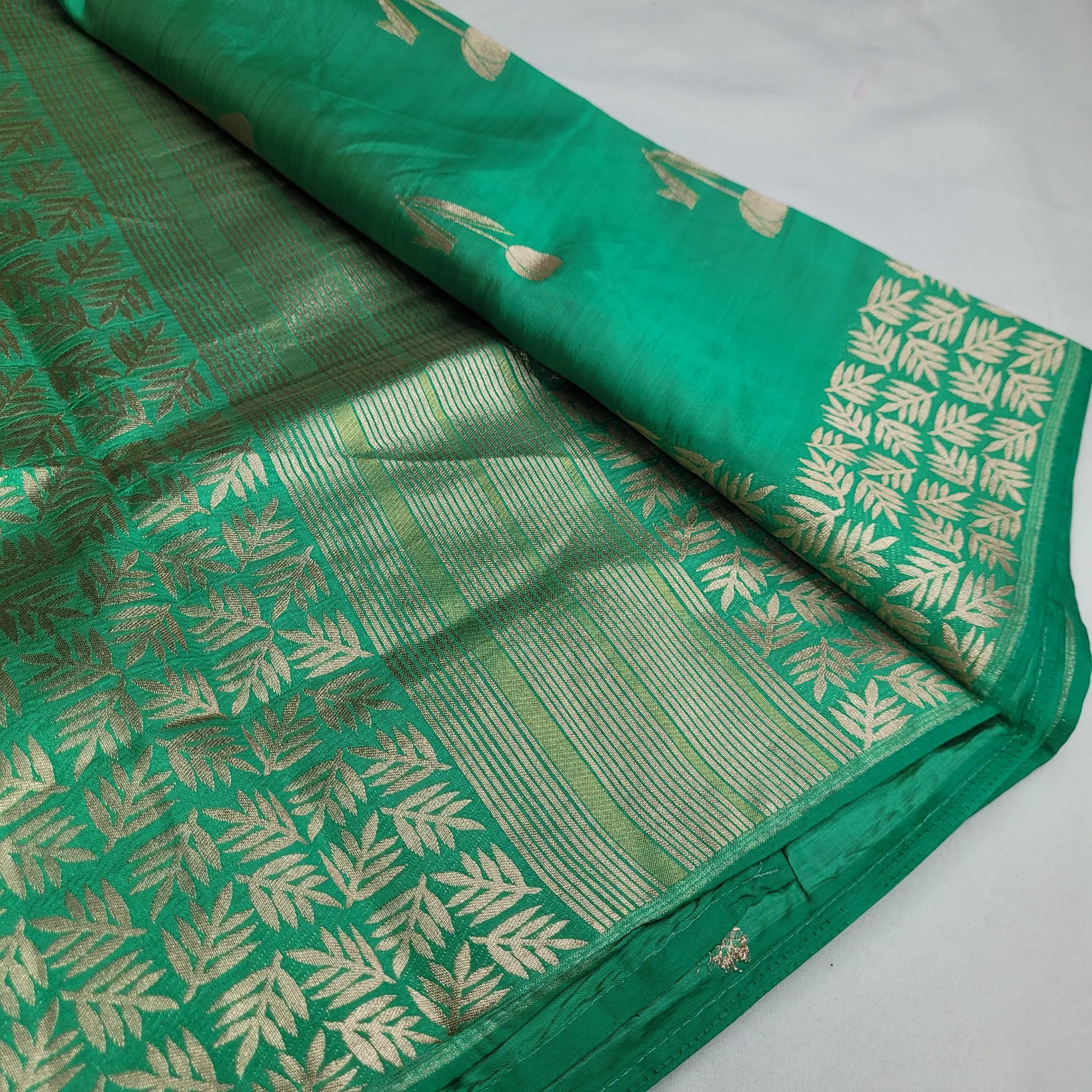 Green Tussar Silk Saree with Intricate Gold Border | O3-001