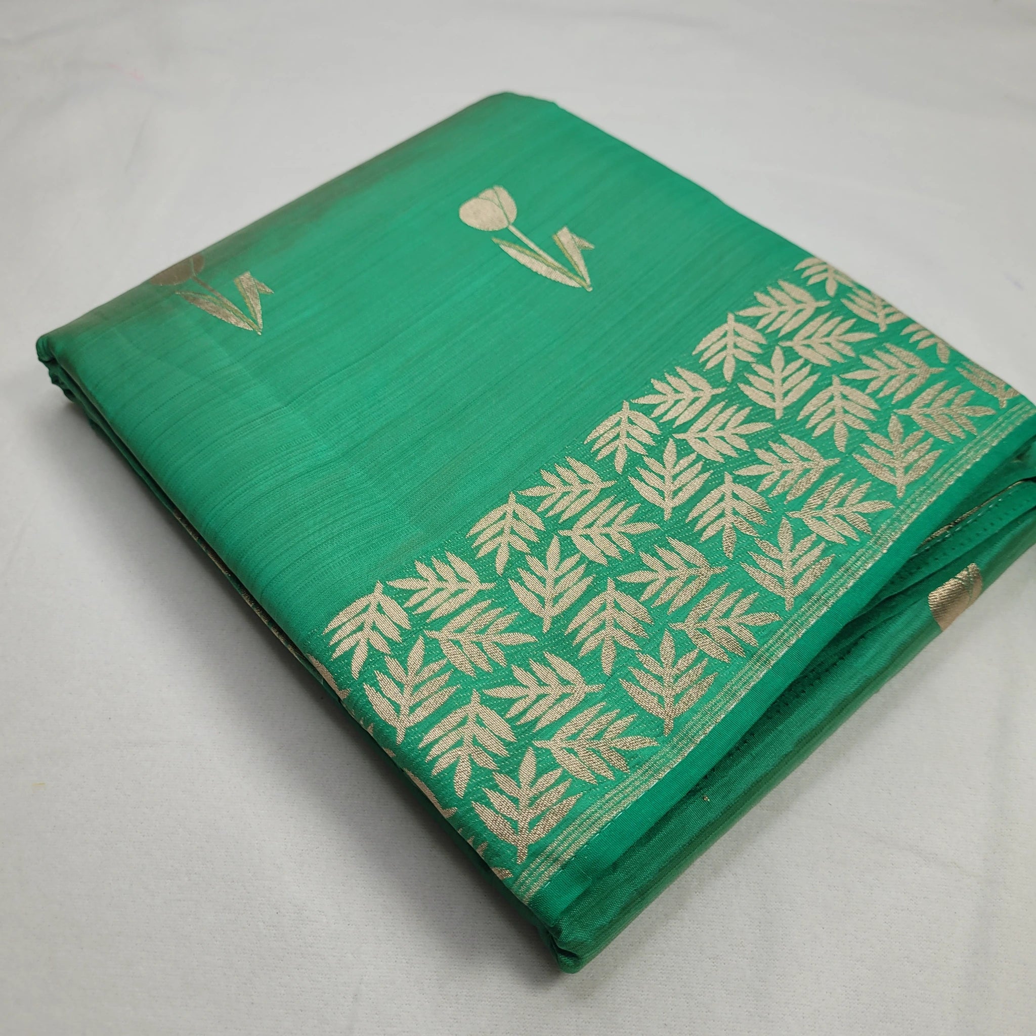 Green Tussar Silk Saree with Intricate Gold Border | O3-001