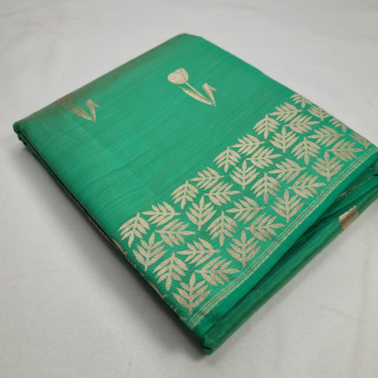 Green Tussar Silk Saree with Intricate Gold Border | O3-001