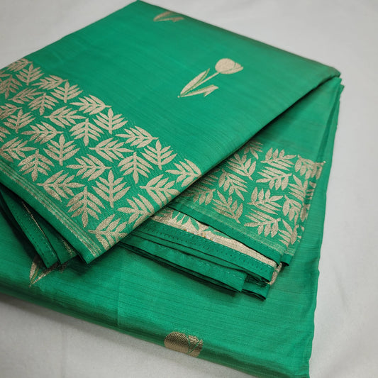 Green Tussar Silk Saree with Intricate Gold Border | O3-001