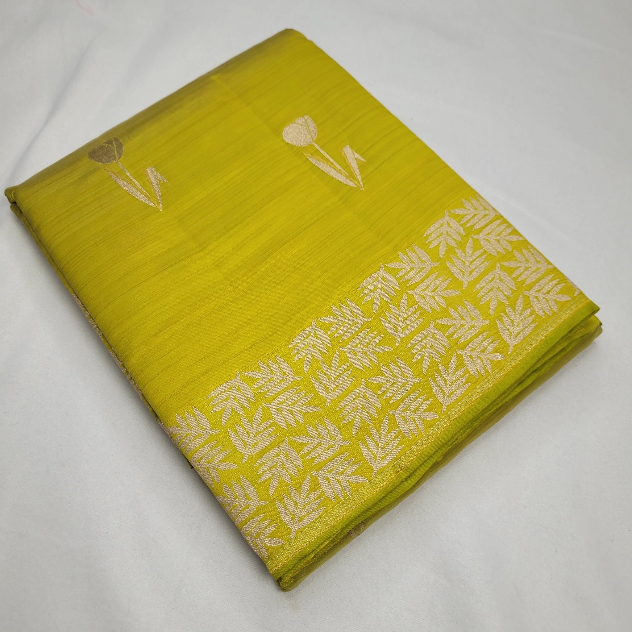 Lime Lemon Lavender Tussar Silk Saree with Intricate Gold Border | O3-002
