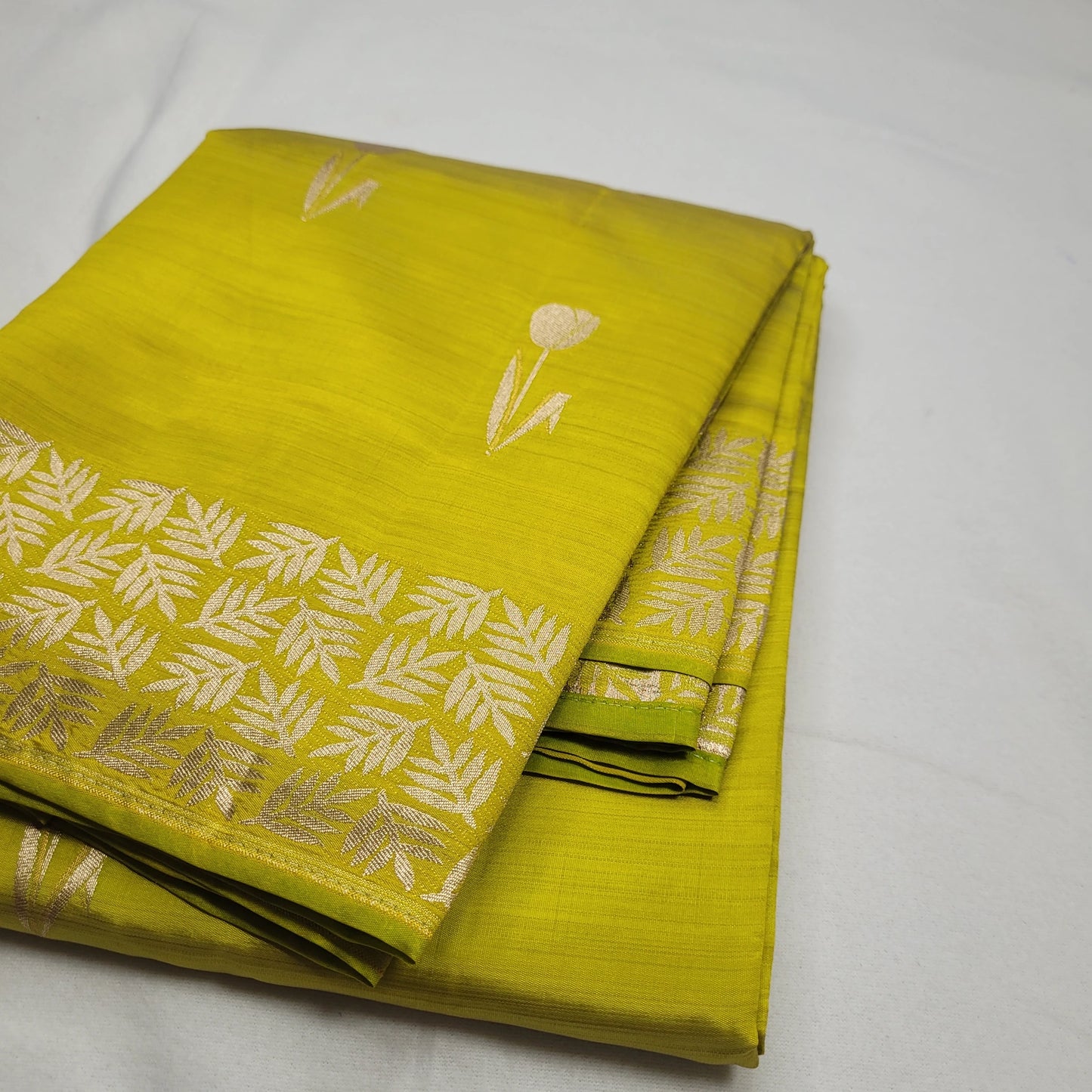 Lime Lemon Lavender Tussar Silk Saree with Intricate Gold Border | O3-002