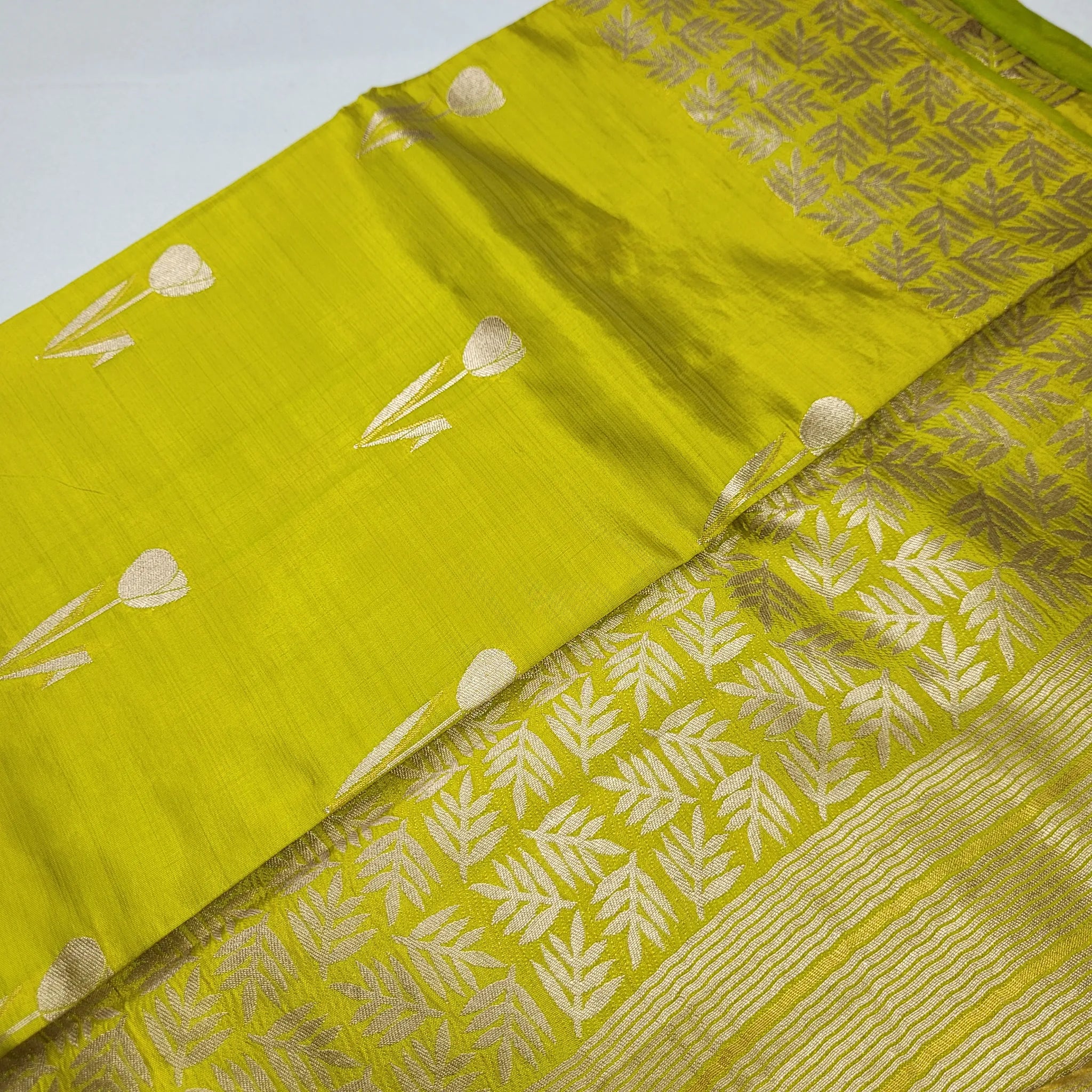 Lime Lemon Lavender Tussar Silk Saree with Intricate Gold Border | O3-002