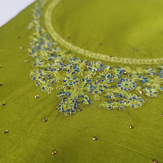 Lime Green Embroidered Unstitched Suit Set with Blue Dupatta | T2-005