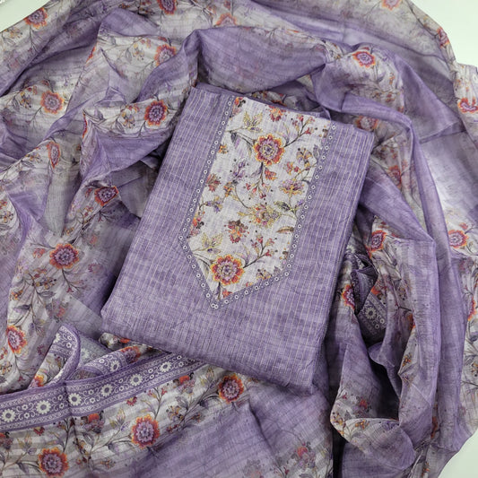 Orchid Floral – Unstitched Suit Set with Woven Stripes and Floral Panel | S0-001