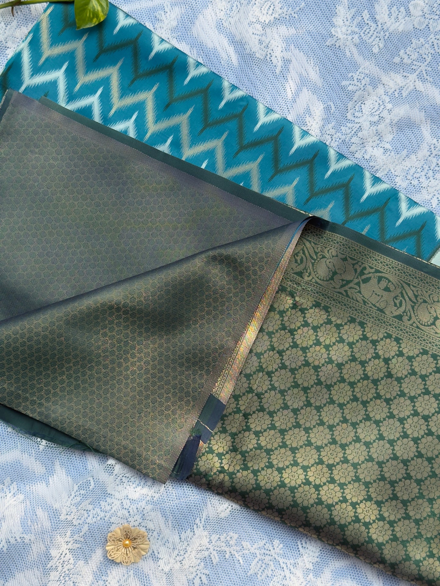 Pochampalli Soft Silk: Teal Blue - Baby Aqua Blue Saree with Pochampalli Elephant Motif with Dark Green Border