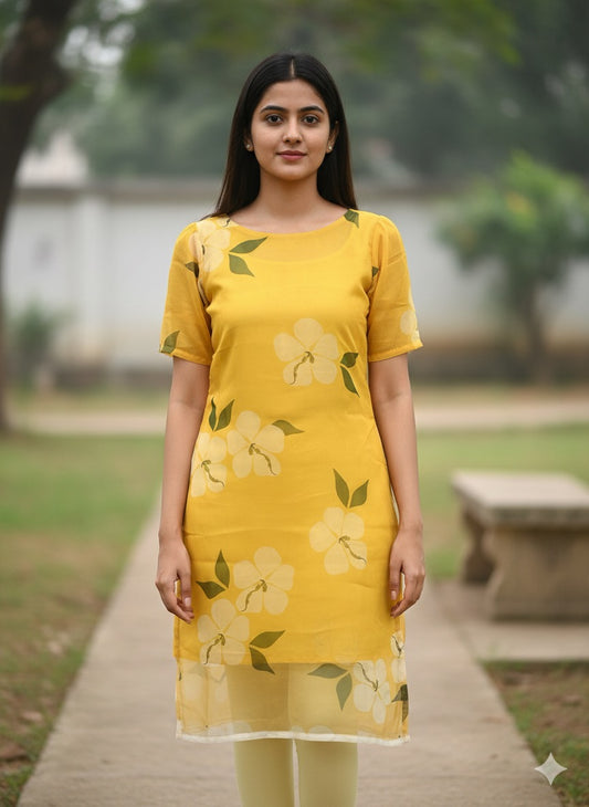 Custom-Made Floral Yellow Organza Kurtis | USK-M2O-007K