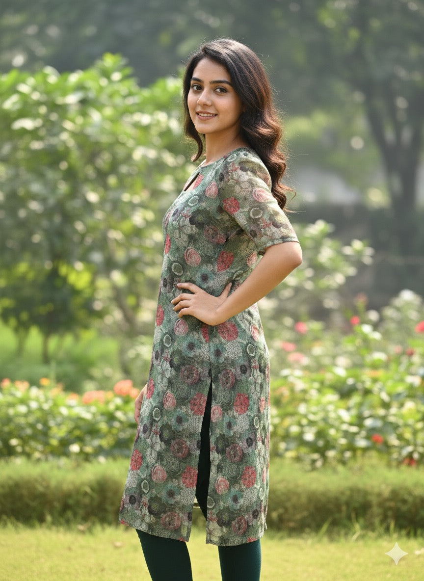 Custom-Made Floral Green and Red Organza Kurti | USK-M2O-011