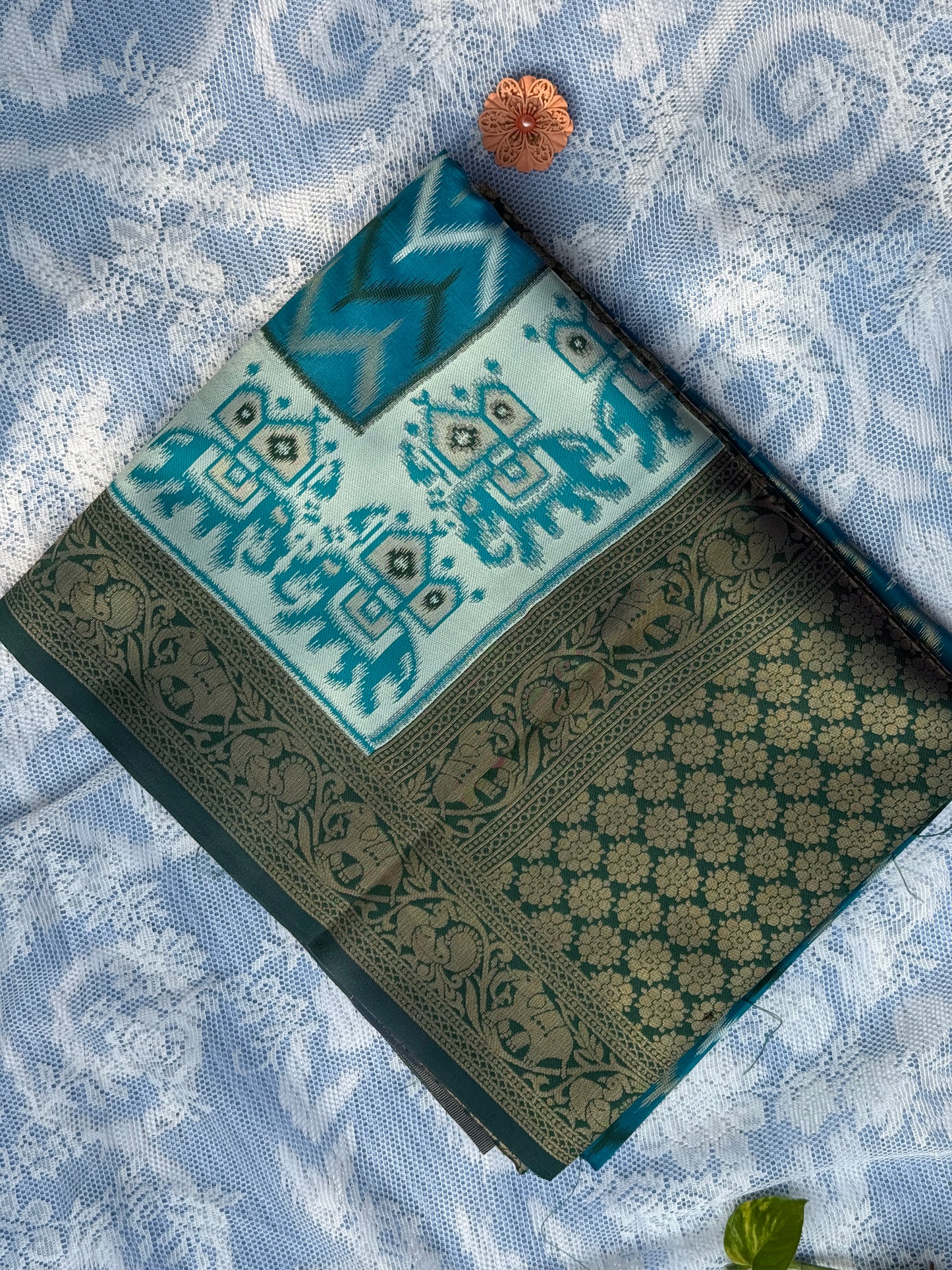 Pochampalli Soft Silk: Teal Blue - Baby Aqua Blue Saree with Pochampalli Elephant Motif with Dark Green Border