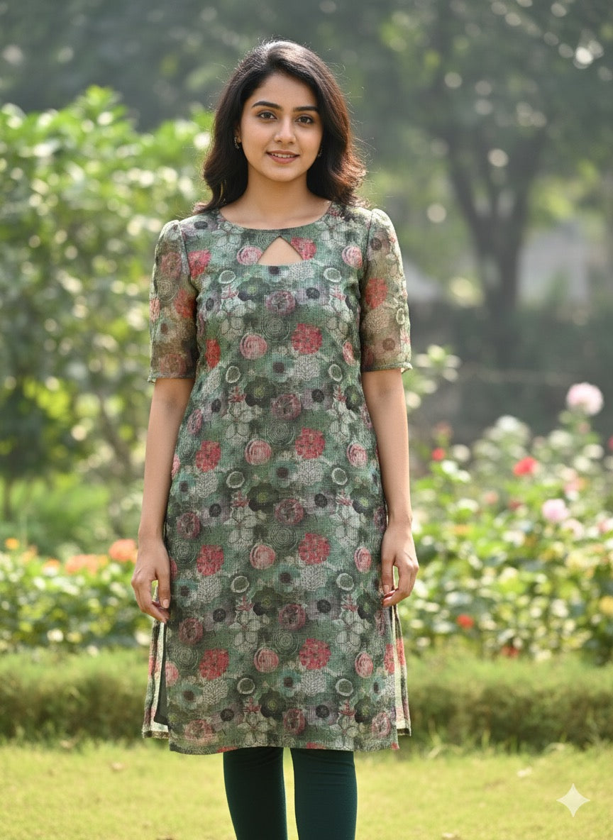 Custom-Made Floral Green and Red Organza Kurti | USK-M2O-011