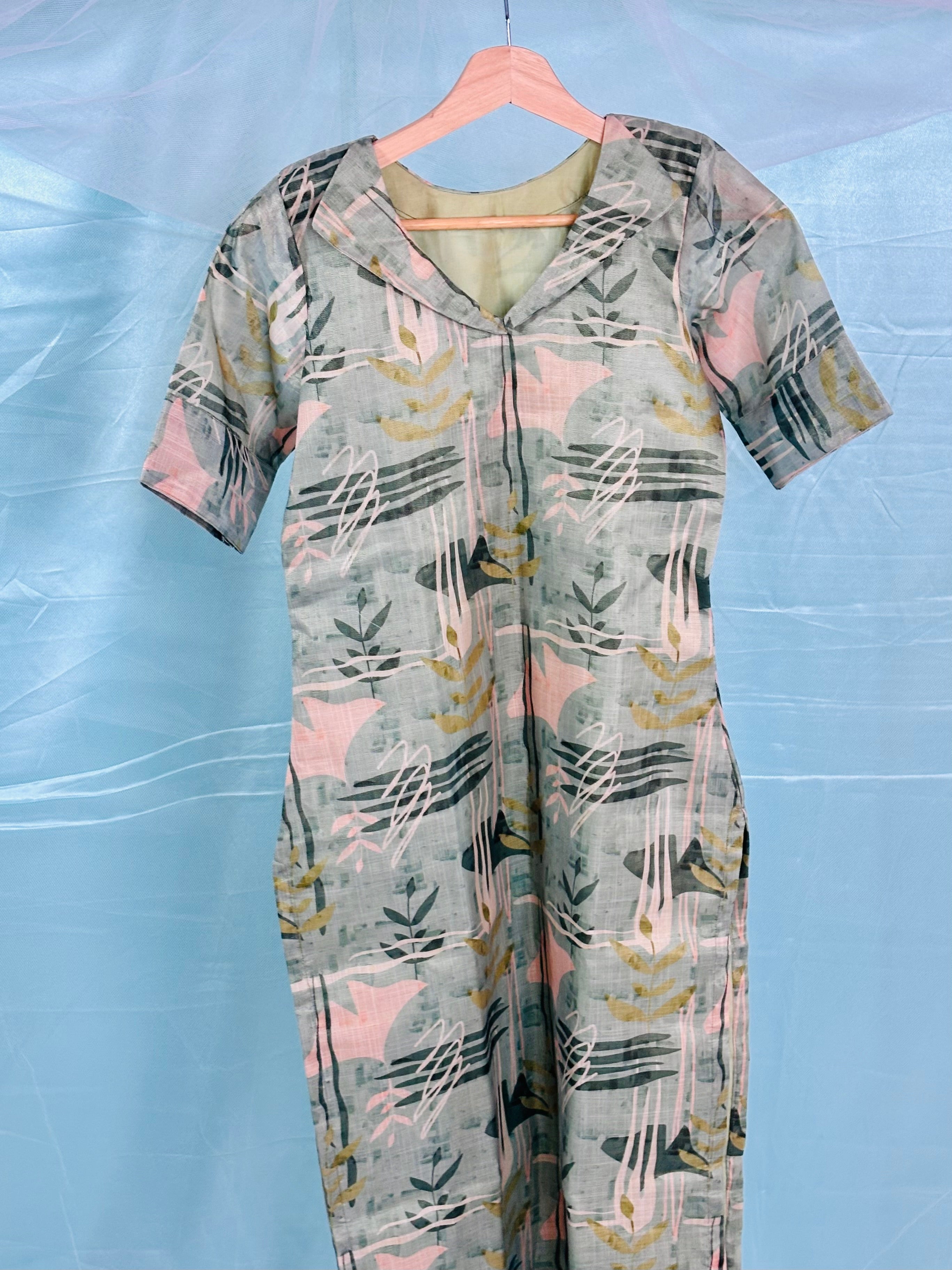 Custom-Made Abstract Art Green Organza Kurti | USK-M2O-009