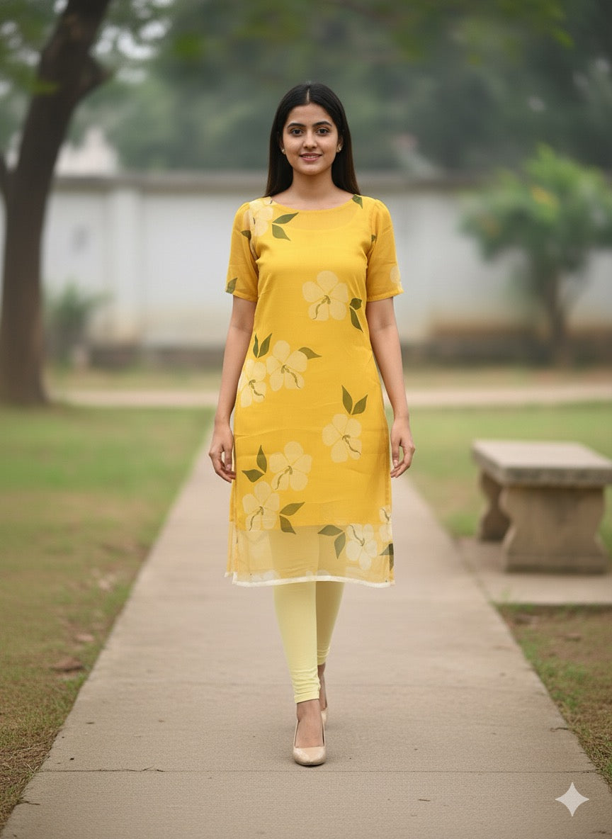 Custom-Made Floral Yellow Organza Kurtis | USK-M2O-007K