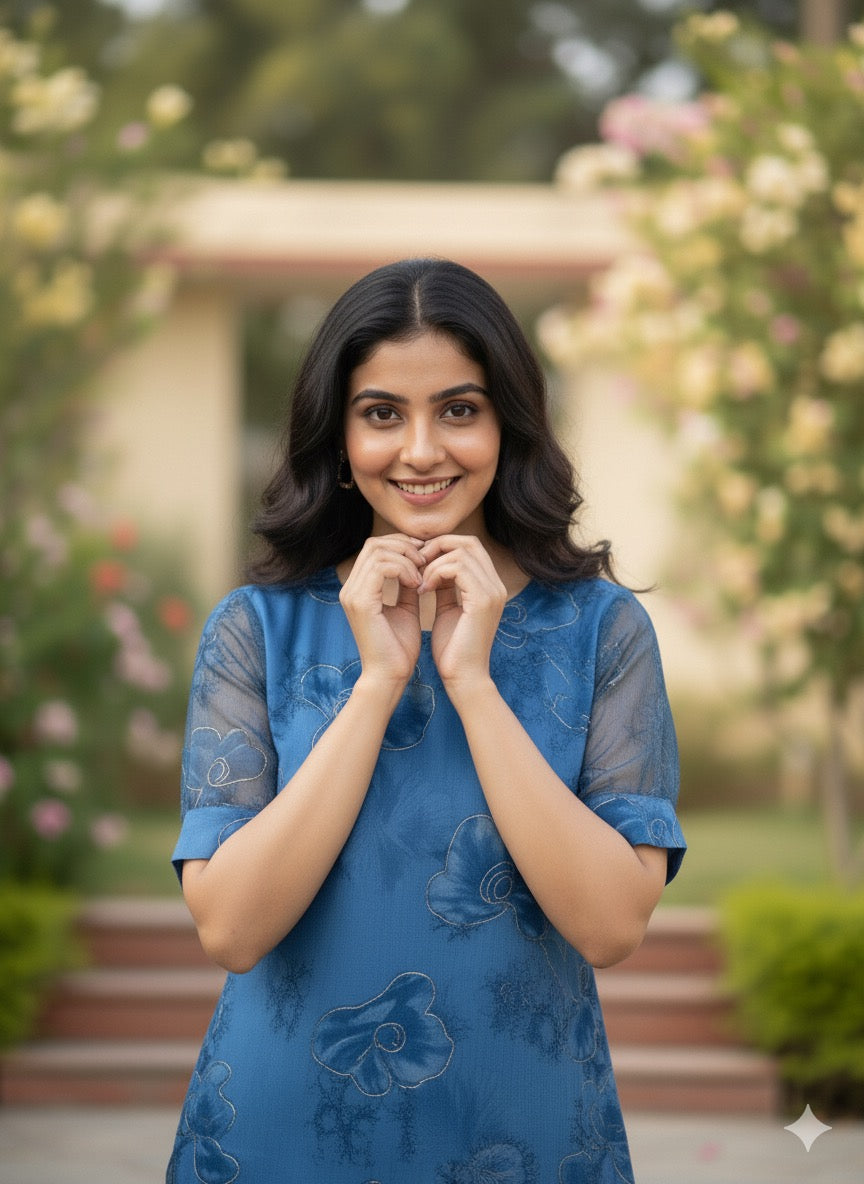 Custom-Made Deep Blue and Gold Organza Kurtis | USK-M2O-006K