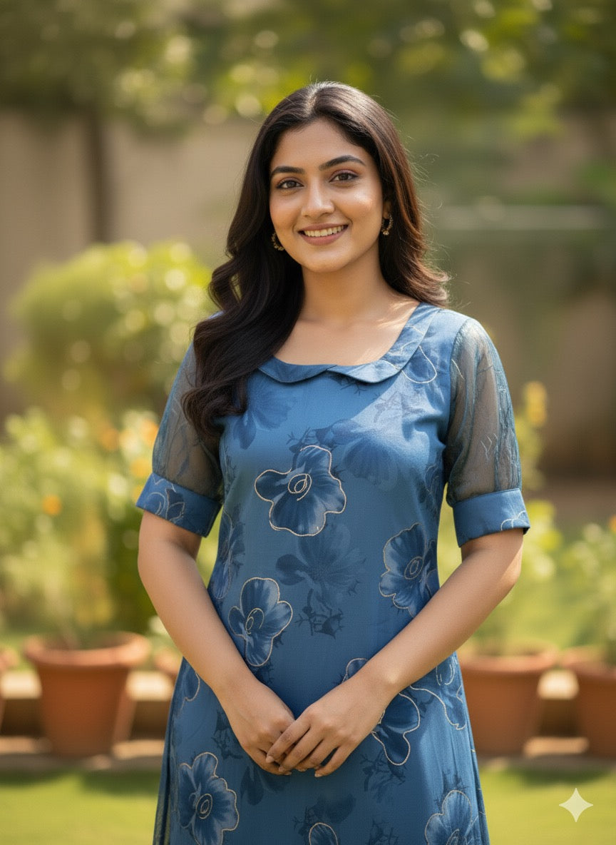 Custom-Made Deep Blue and Gold Organza Kurtis | USK-M2O-006K