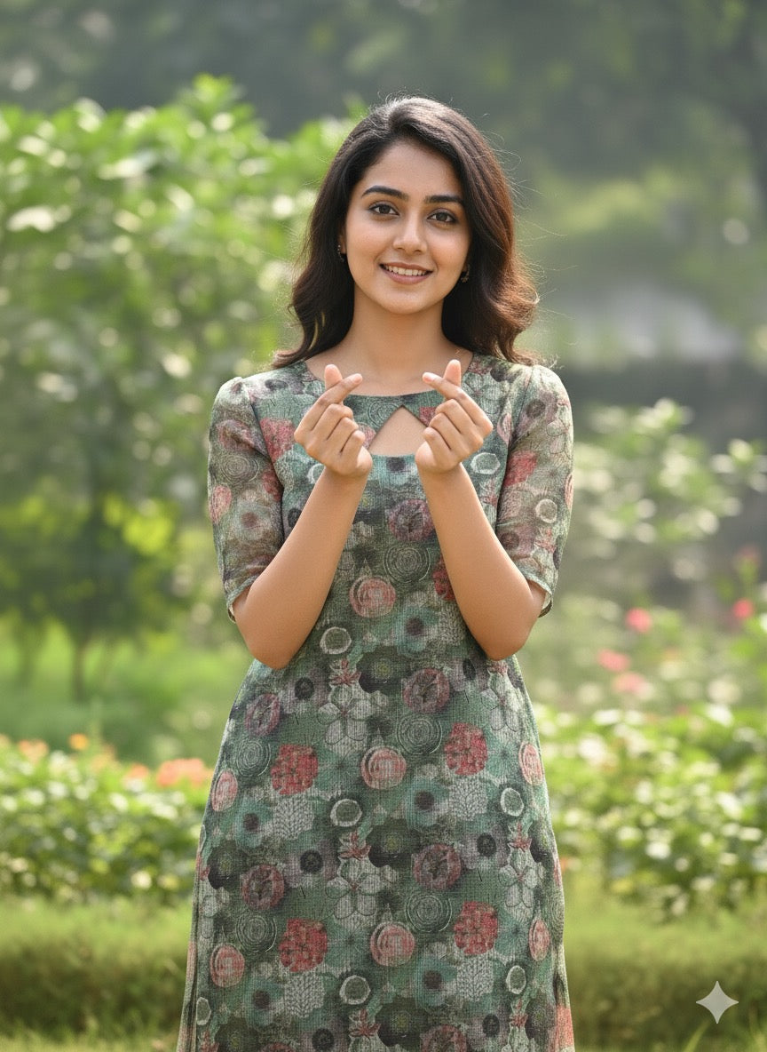 Custom-Made Floral Green and Red Organza Kurti | USK-M2O-011