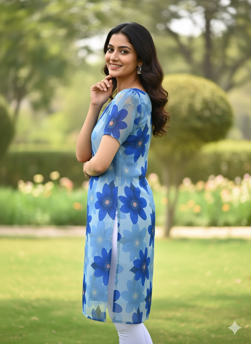 Custom-Made Floral Blue Organza Kurti | USK-M2O-008K
