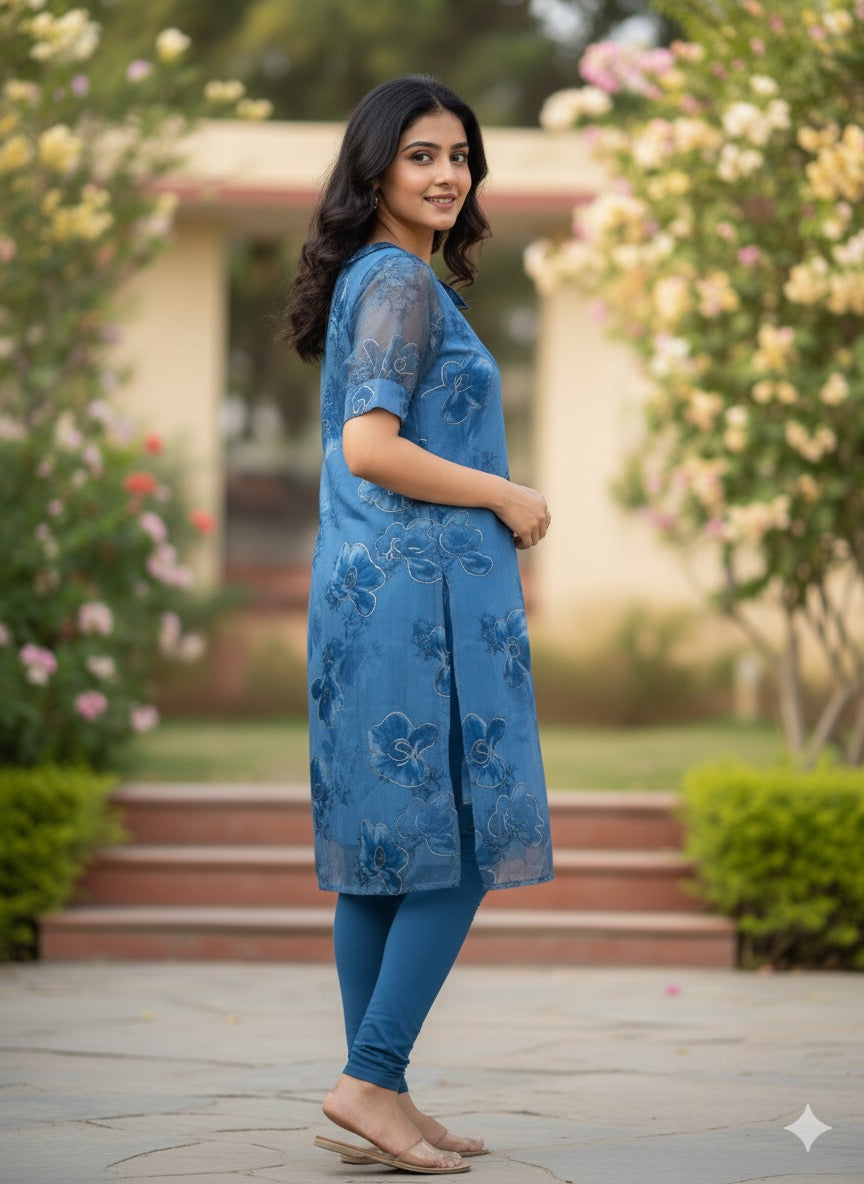 Custom-Made Deep Blue and Gold Organza Kurtis | USK-M2O-006K
