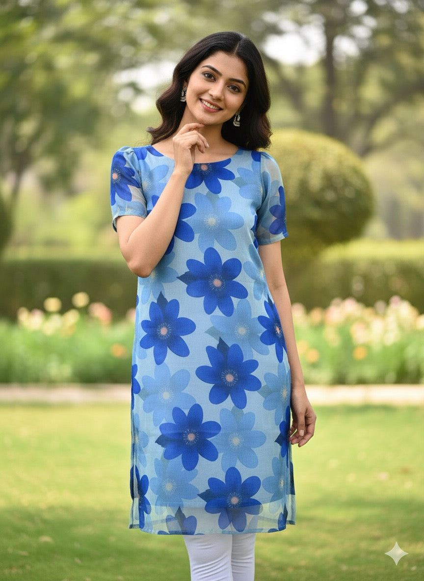 Custom-Made Floral Blue Organza Kurti | USK-M2O-008K