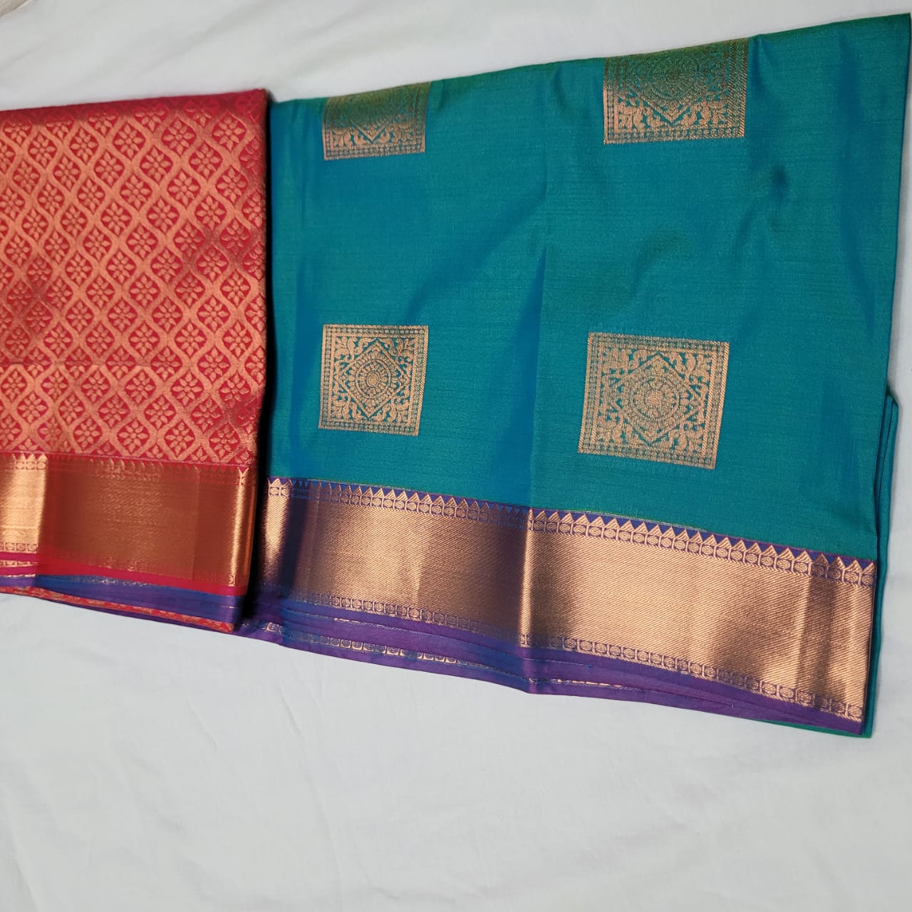 Teal green and red soft silk saree with square motifs