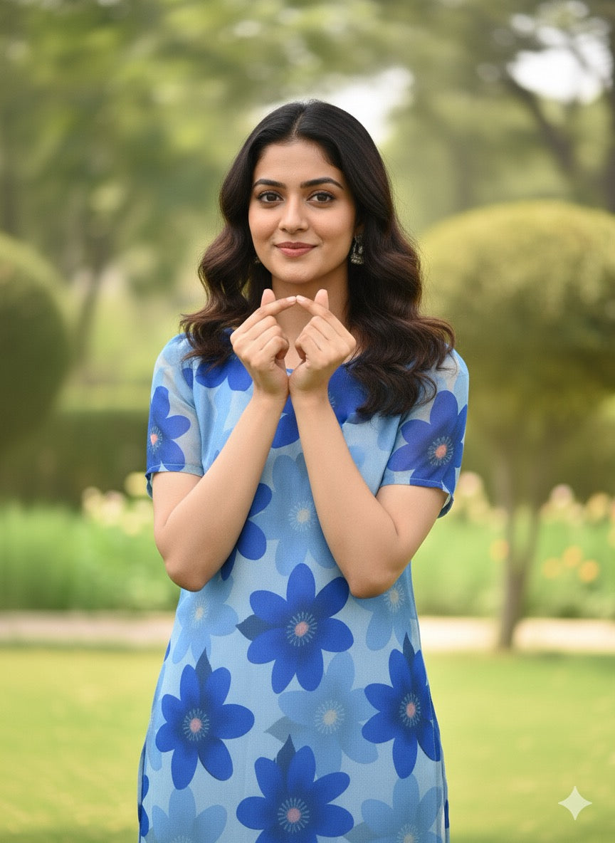 Custom-Made Floral Blue Organza Kurti | USK-M2O-008K