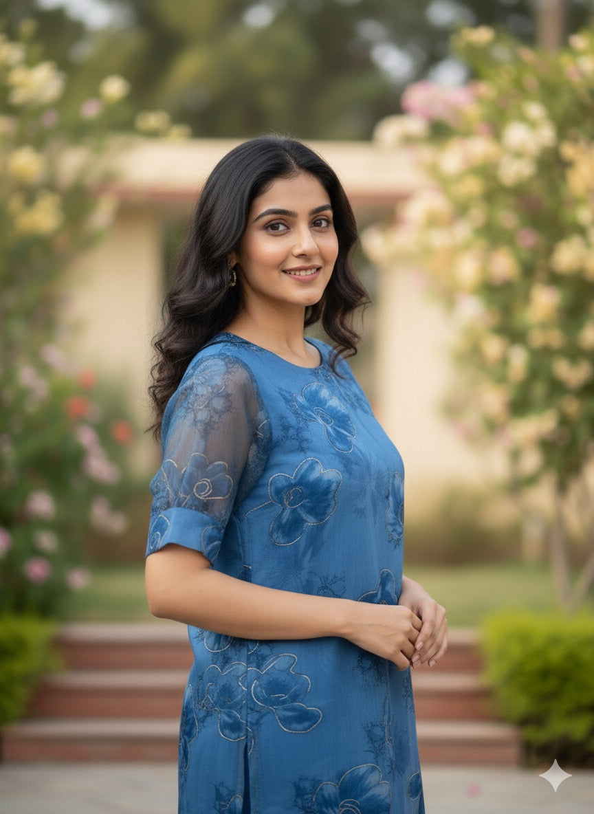 Custom-Made Deep Blue and Gold Organza Kurtis | USK-M2O-006K