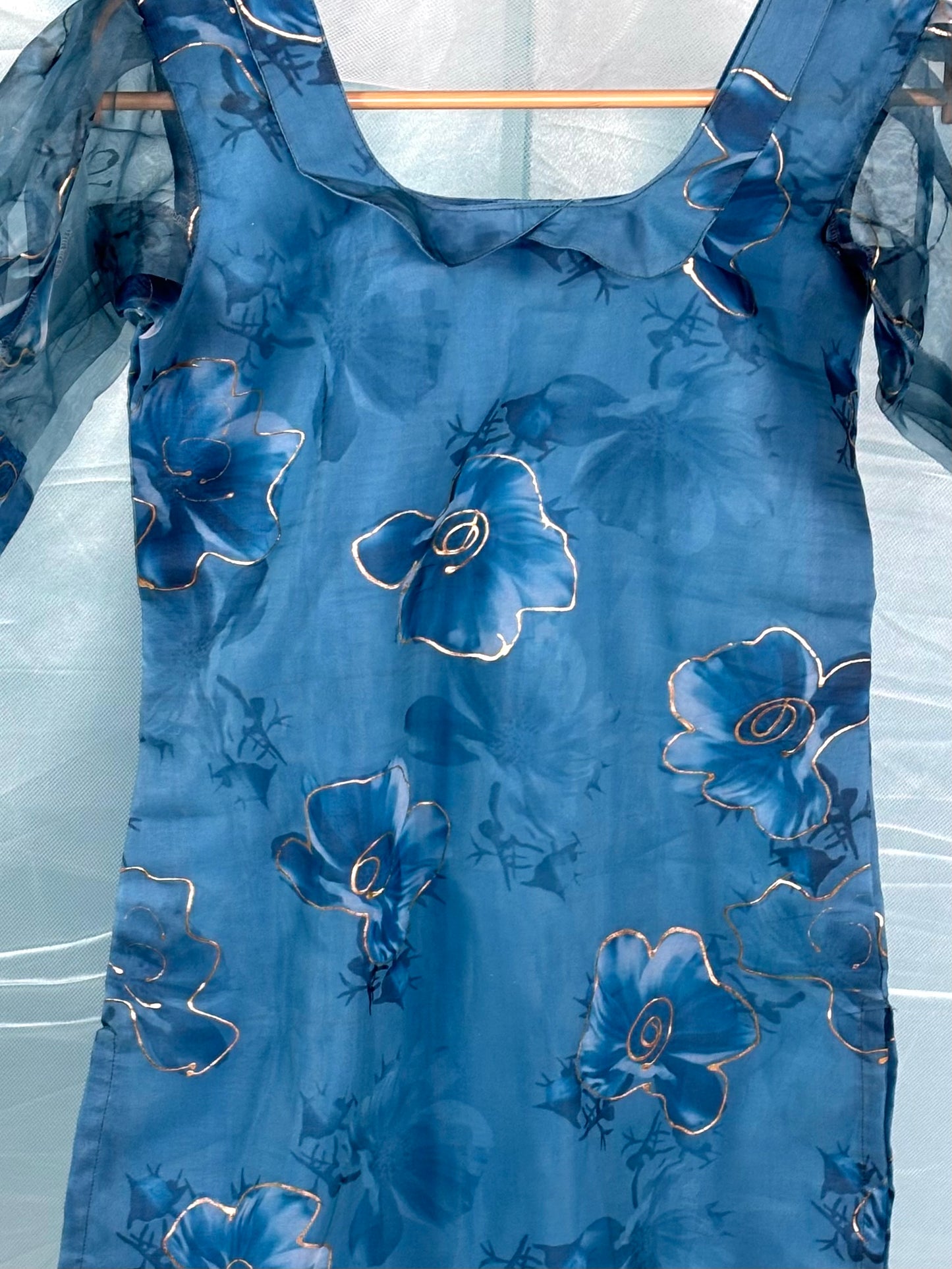 Custom-Made Deep Blue and Gold Organza Kurtis | USK-M2O-006K