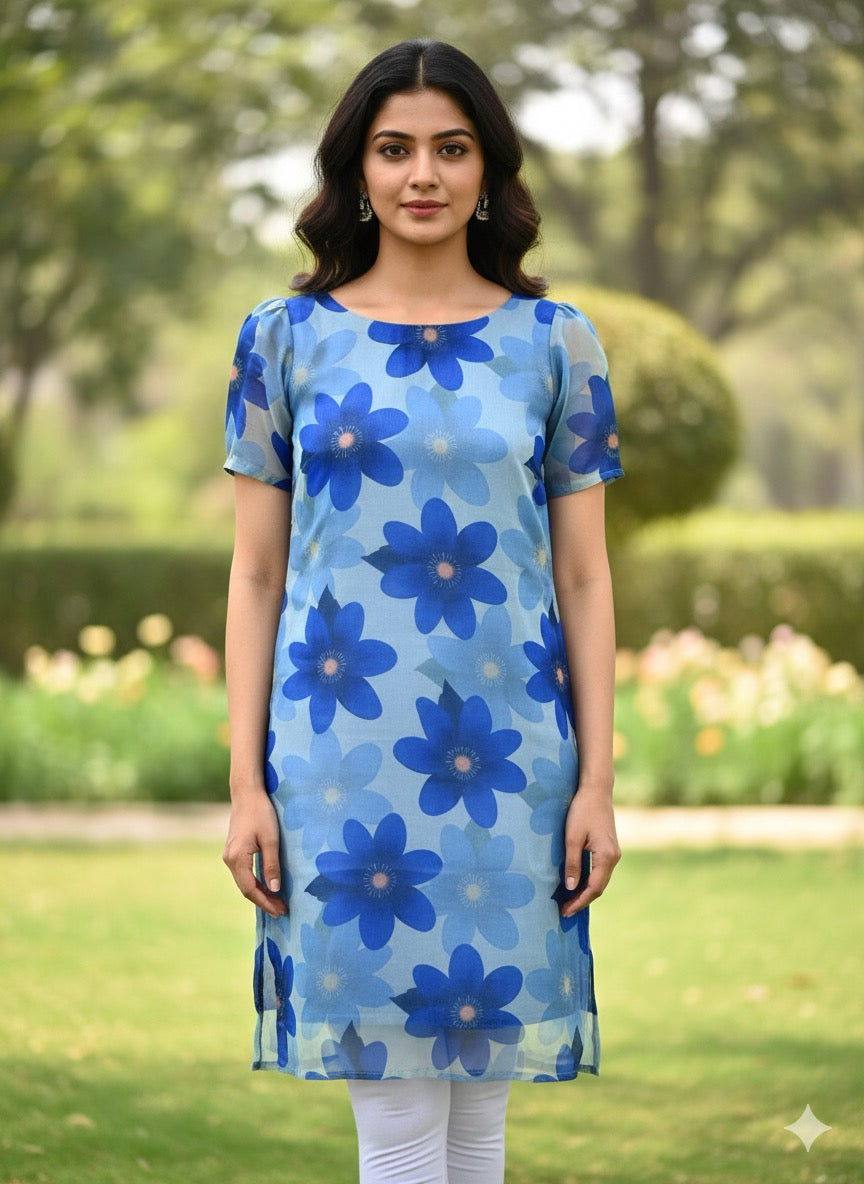 Custom-Made Floral Blue Organza Kurti | USK-M2O-008K