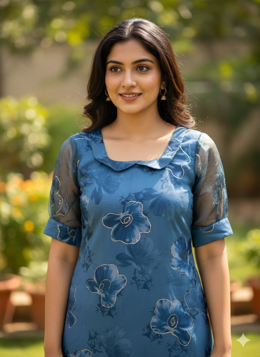 Custom-Made Deep Blue and Gold Organza Kurtis | USK-M2O-006K