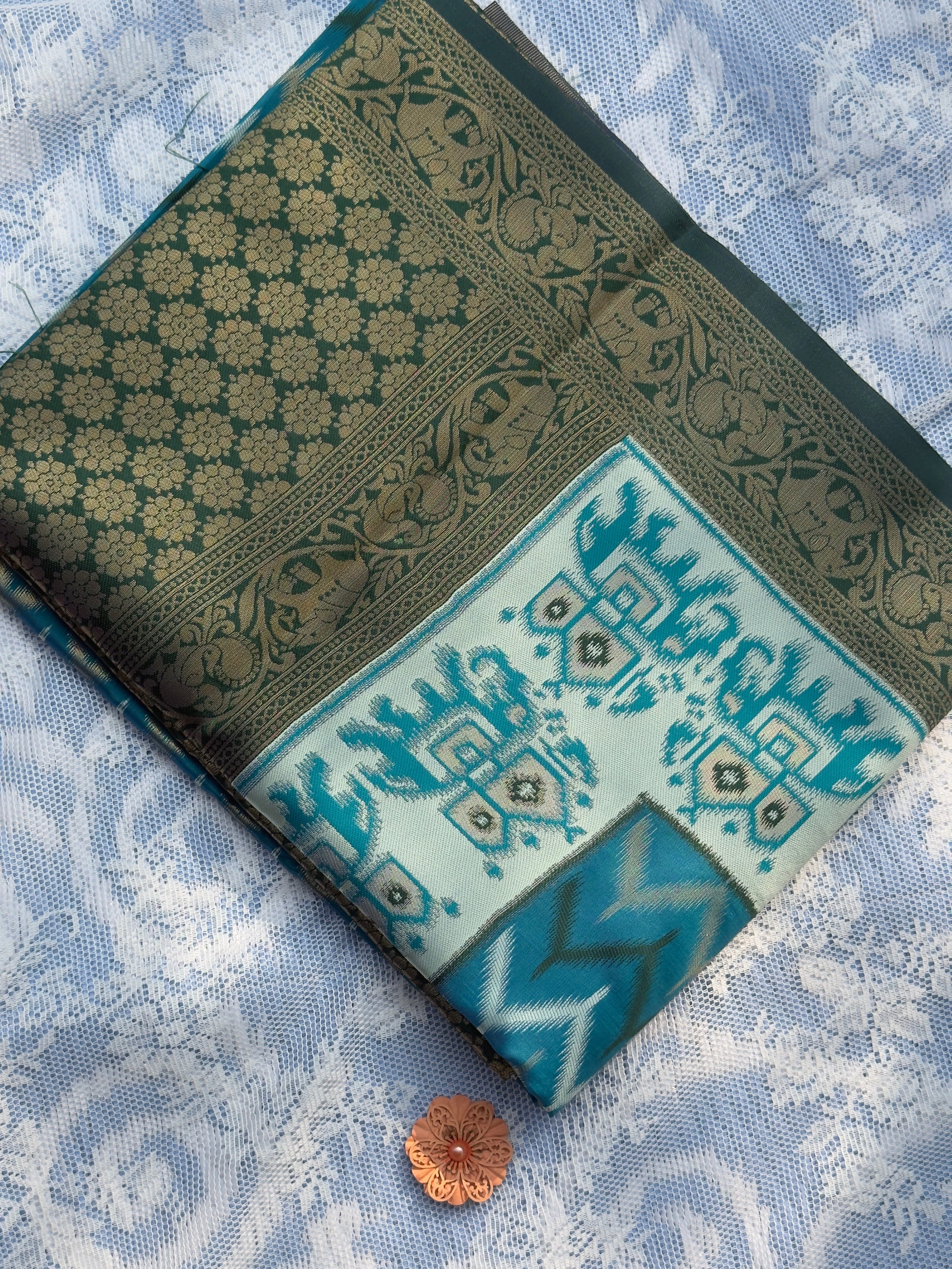Pochampalli Soft Silk: Teal Blue - Baby Aqua Blue Saree with Pochampalli Elephant Motif with Dark Green Border