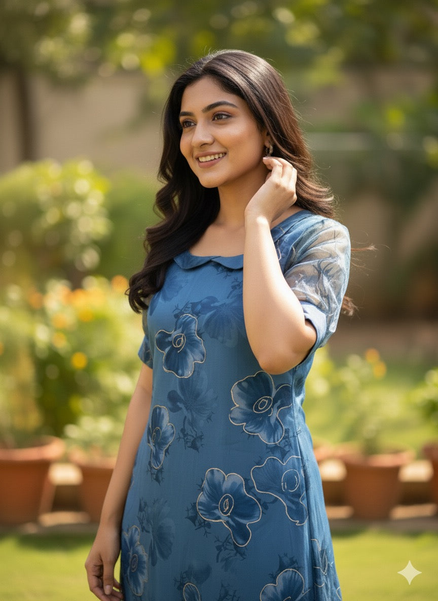 Custom-Made Deep Blue and Gold Organza Kurtis | USK-M2O-006K