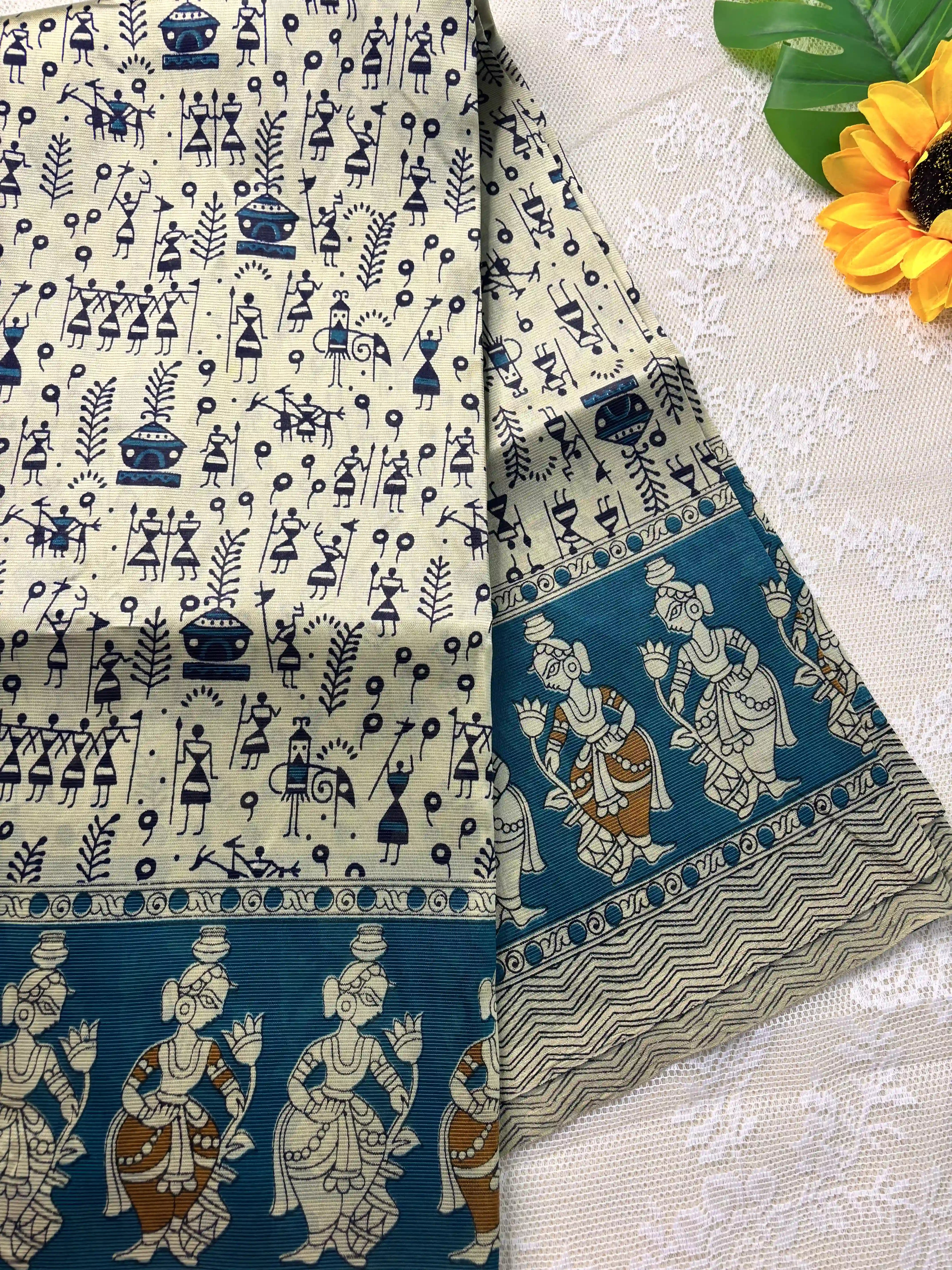 Navy Blue Silk Soft Cotton Saree with warli print pattern print Body and kalamkari pattern Border and pallu