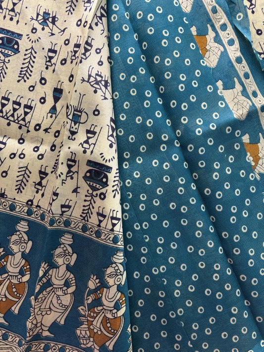 Navy Blue Silk Soft Cotton Saree with warli print pattern print Body and kalamkari pattern Border and pallu