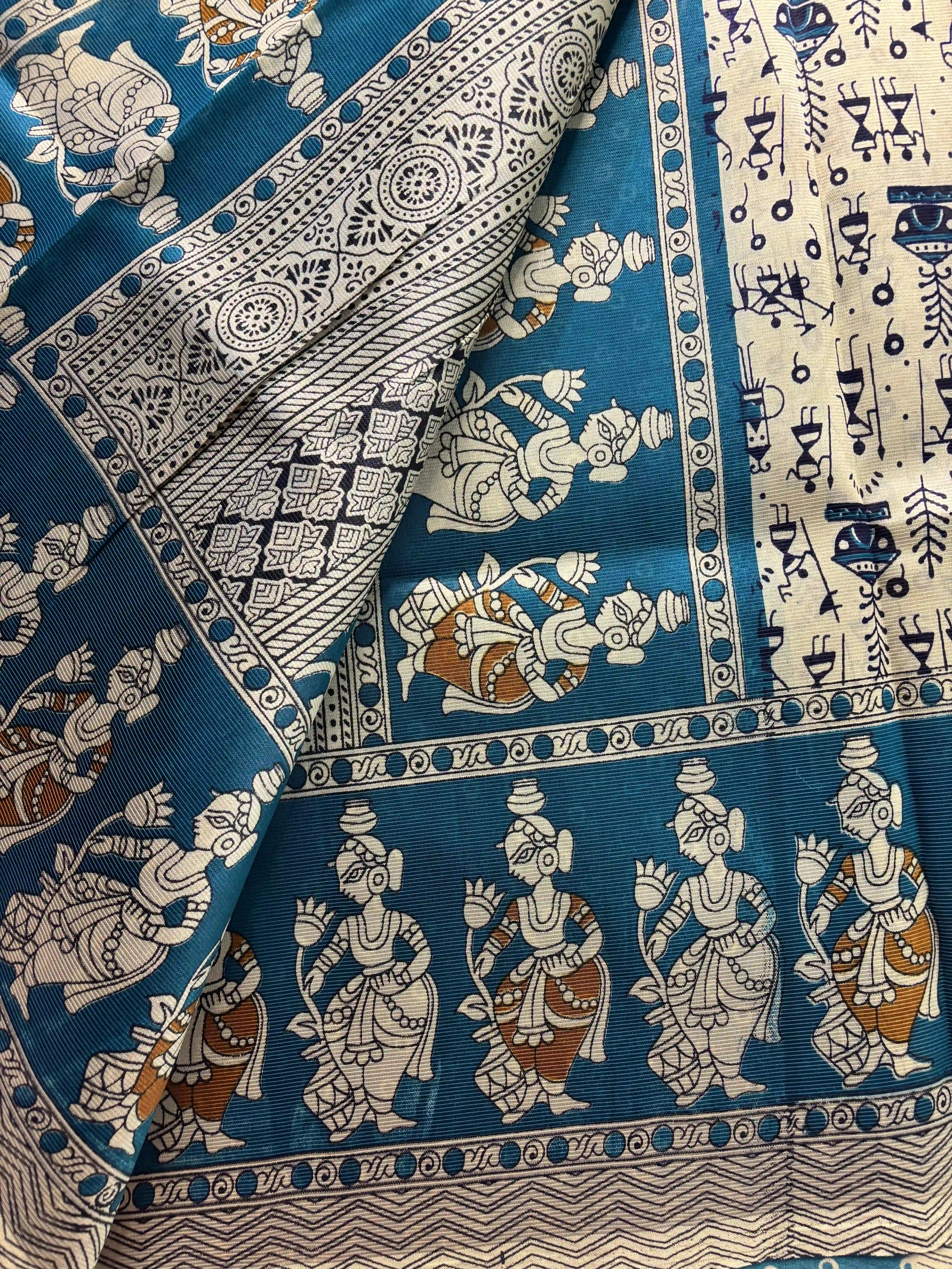 Navy Blue Silk Soft Cotton Saree with warli print pattern print Body and kalamkari pattern Border and pallu