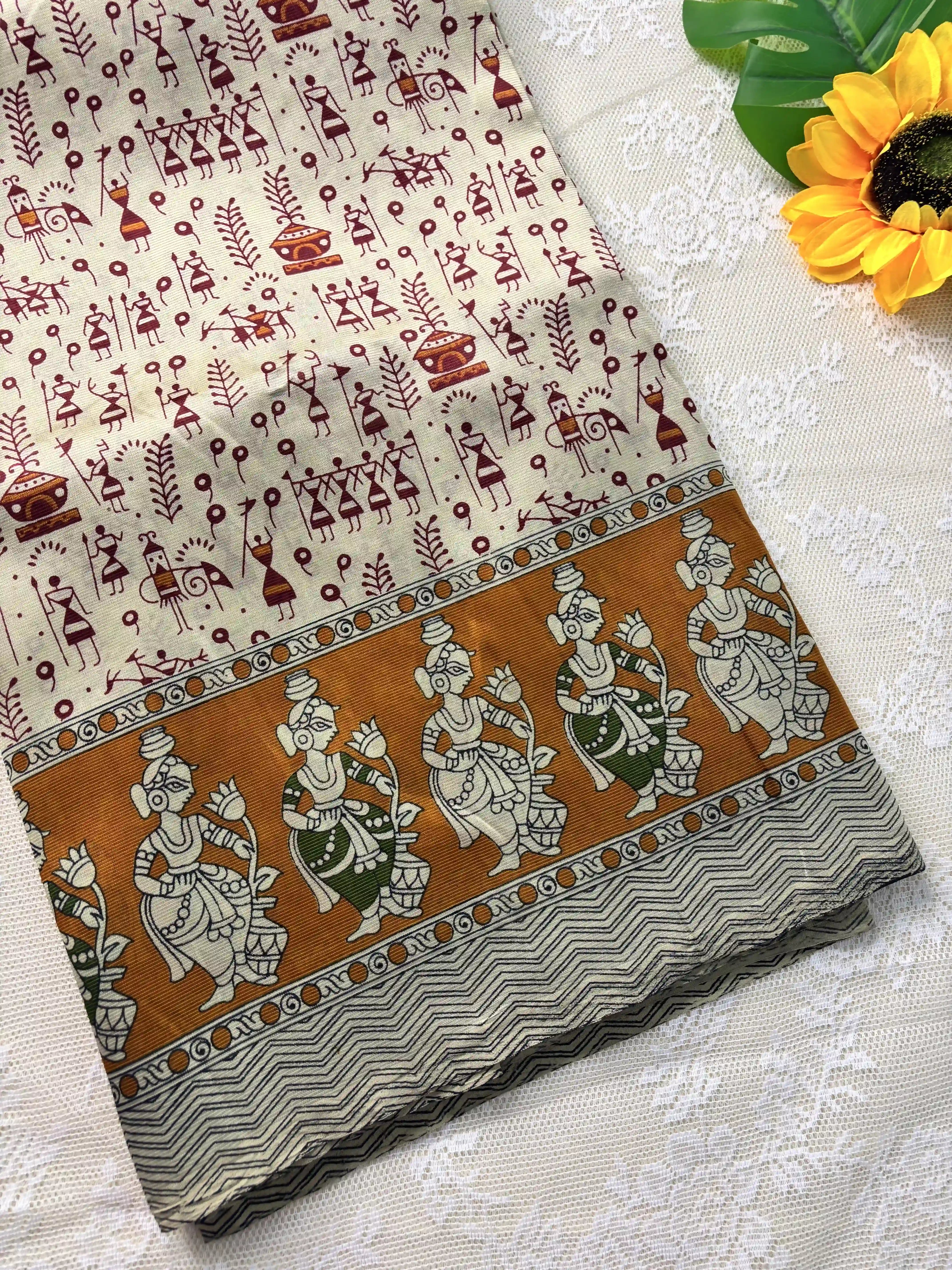 Mustard Yellow Silk Soft Cotton Saree with warli print pattern print Body and kalamkari pattern Border and pallu