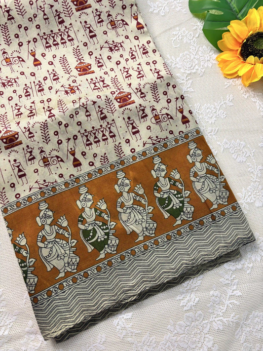 Mustard Yellow Silk Soft Cotton Saree with warli print pattern print Body and kalamkari pattern Border and pallu
