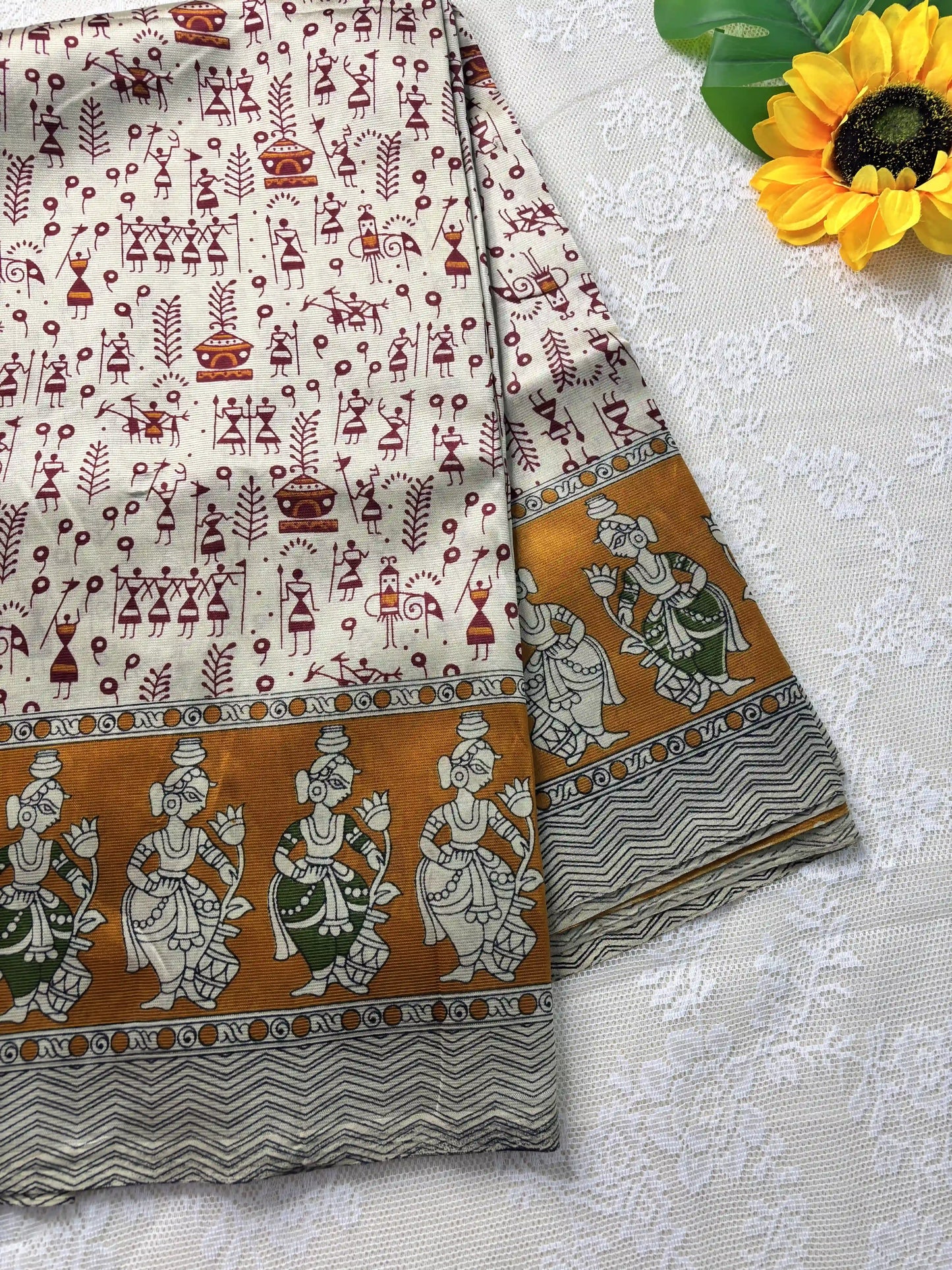 Mustard Yellow Silk Soft Cotton Saree with warli print pattern print Body and kalamkari pattern Border and pallu