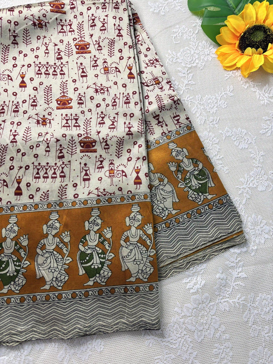 Mustard Yellow Silk Soft Cotton Saree with warli print pattern print Body and kalamkari pattern Border and pallu