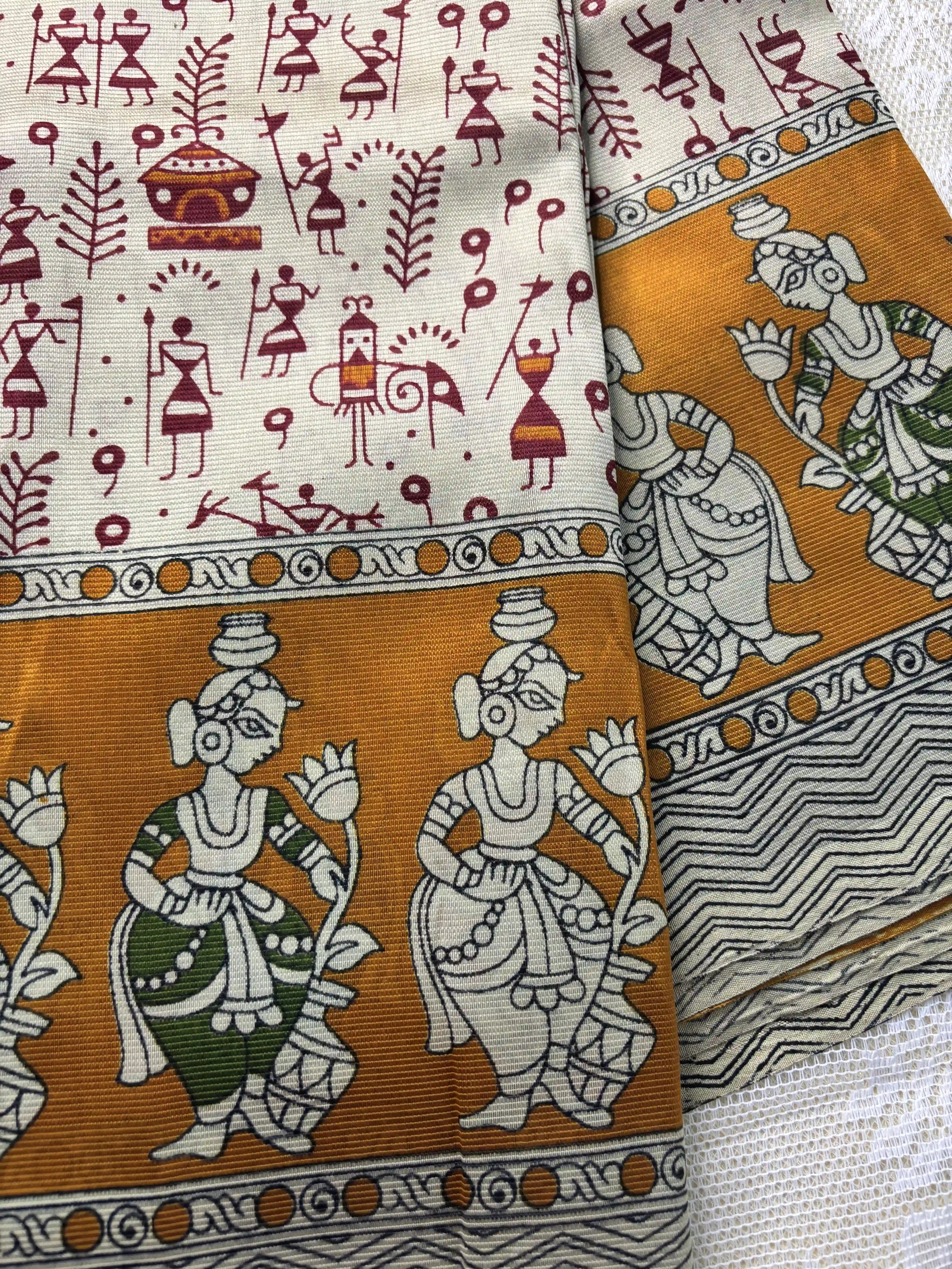 Mustard Yellow Silk Soft Cotton Saree with warli print pattern print Body and kalamkari pattern Border and pallu