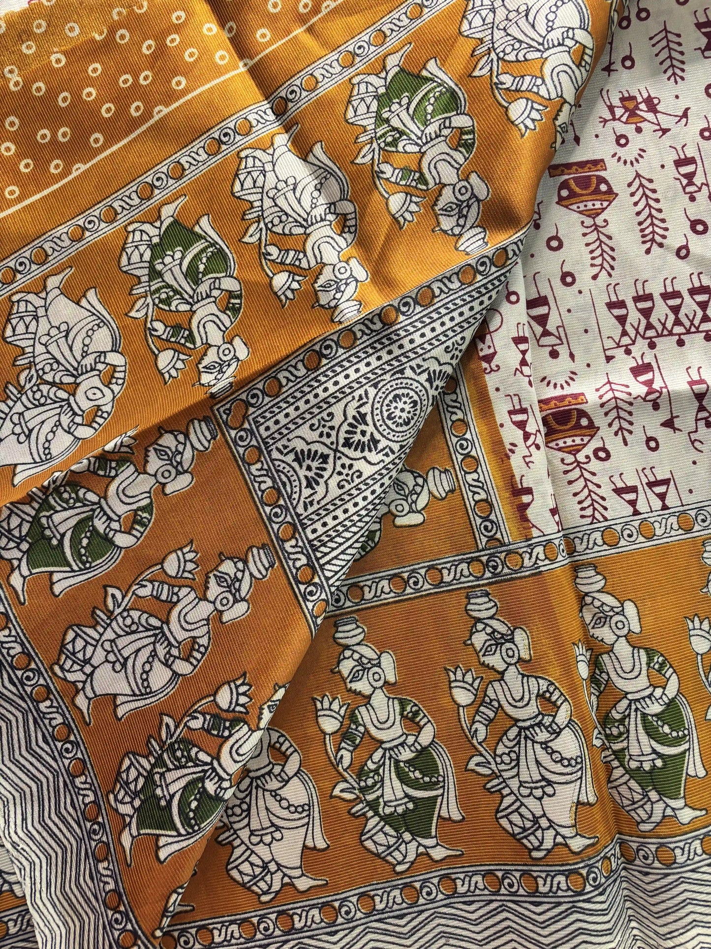 Mustard Yellow Silk Soft Cotton Saree with warli print pattern print Body and kalamkari pattern Border and pallu