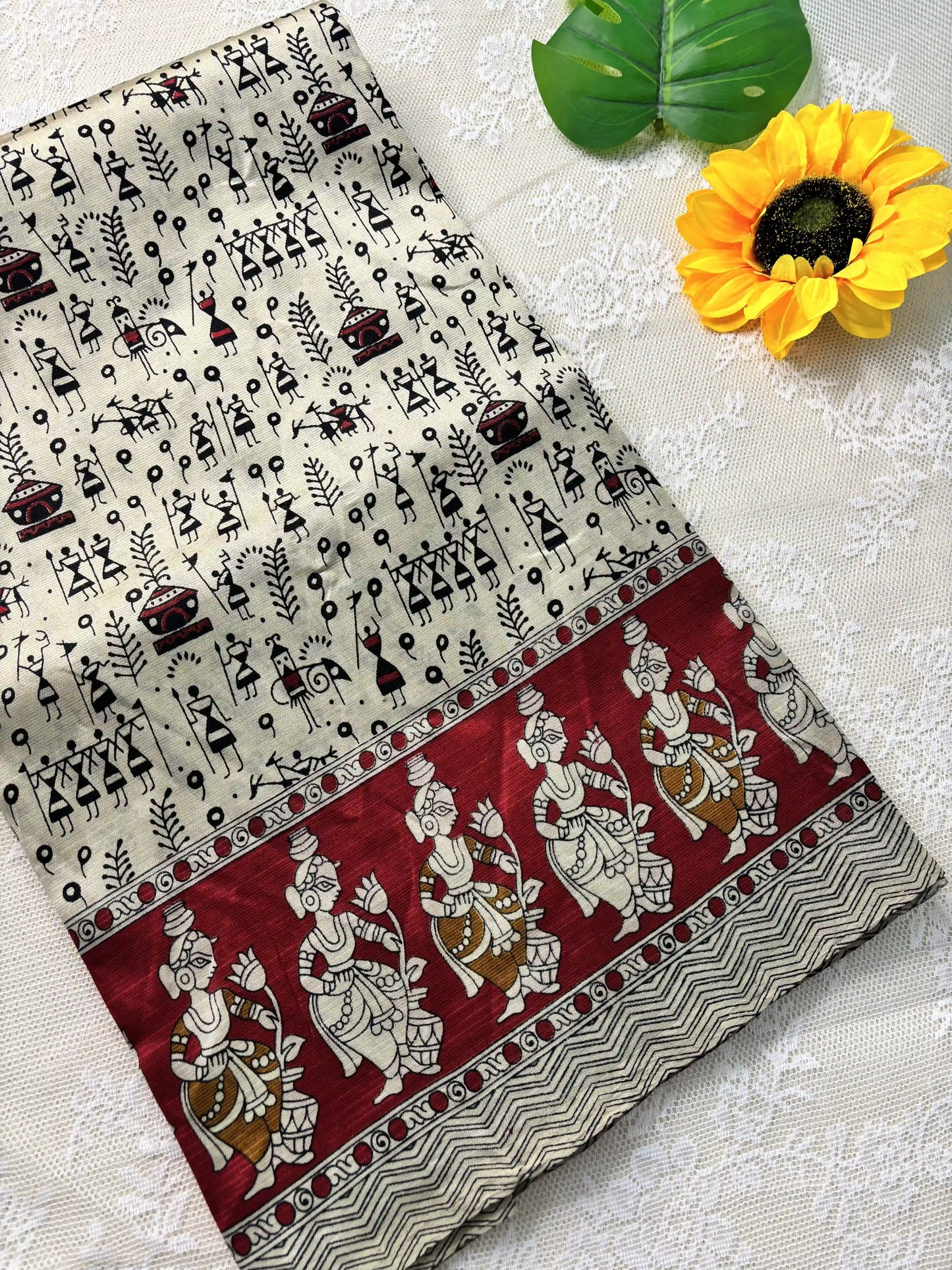 Red Silk Soft Cotton Saree with warli print pattern print Body and kalamkari pattern Border and pallu