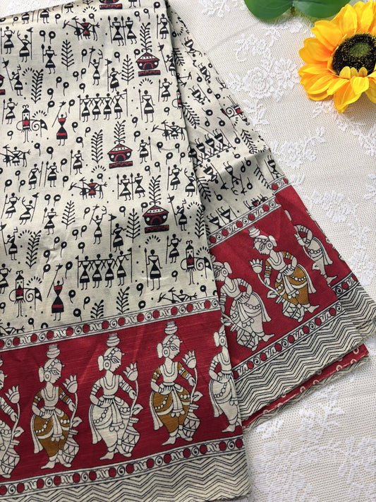 Red Silk Soft Cotton Saree with warli print pattern print Body and kalamkari pattern Border and pallu