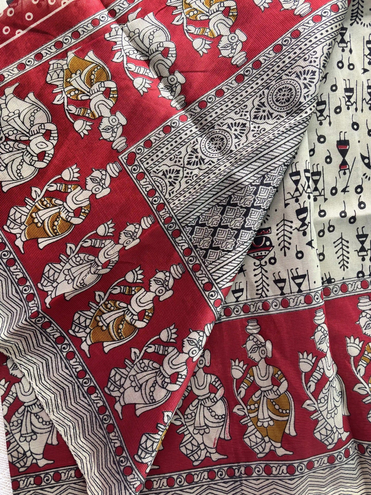 Red Silk Soft Cotton Saree with warli print pattern print Body and kalamkari pattern Border and pallu