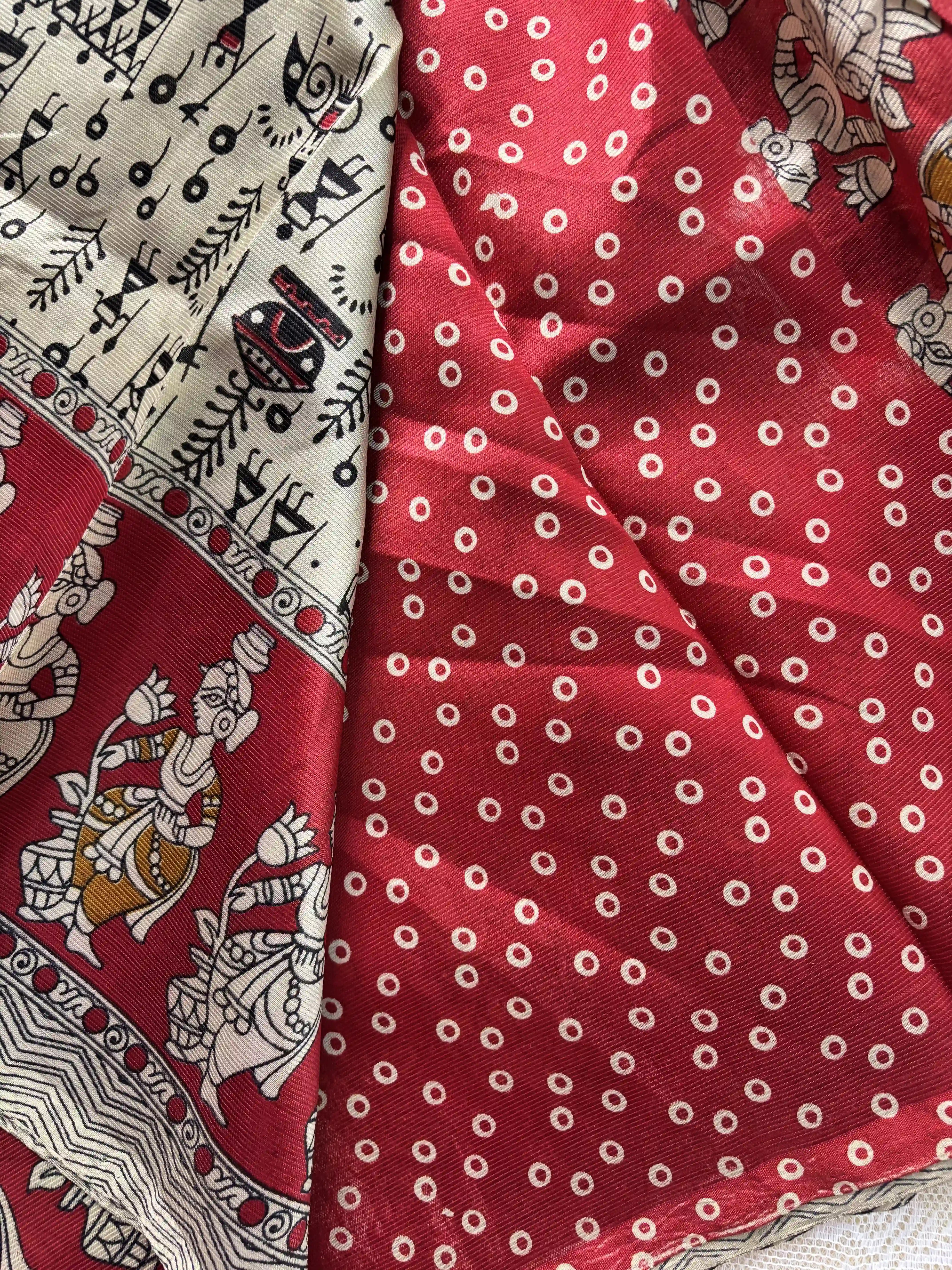 Red Silk Soft Cotton Saree with warli print pattern print Body and kalamkari pattern Border and pallu