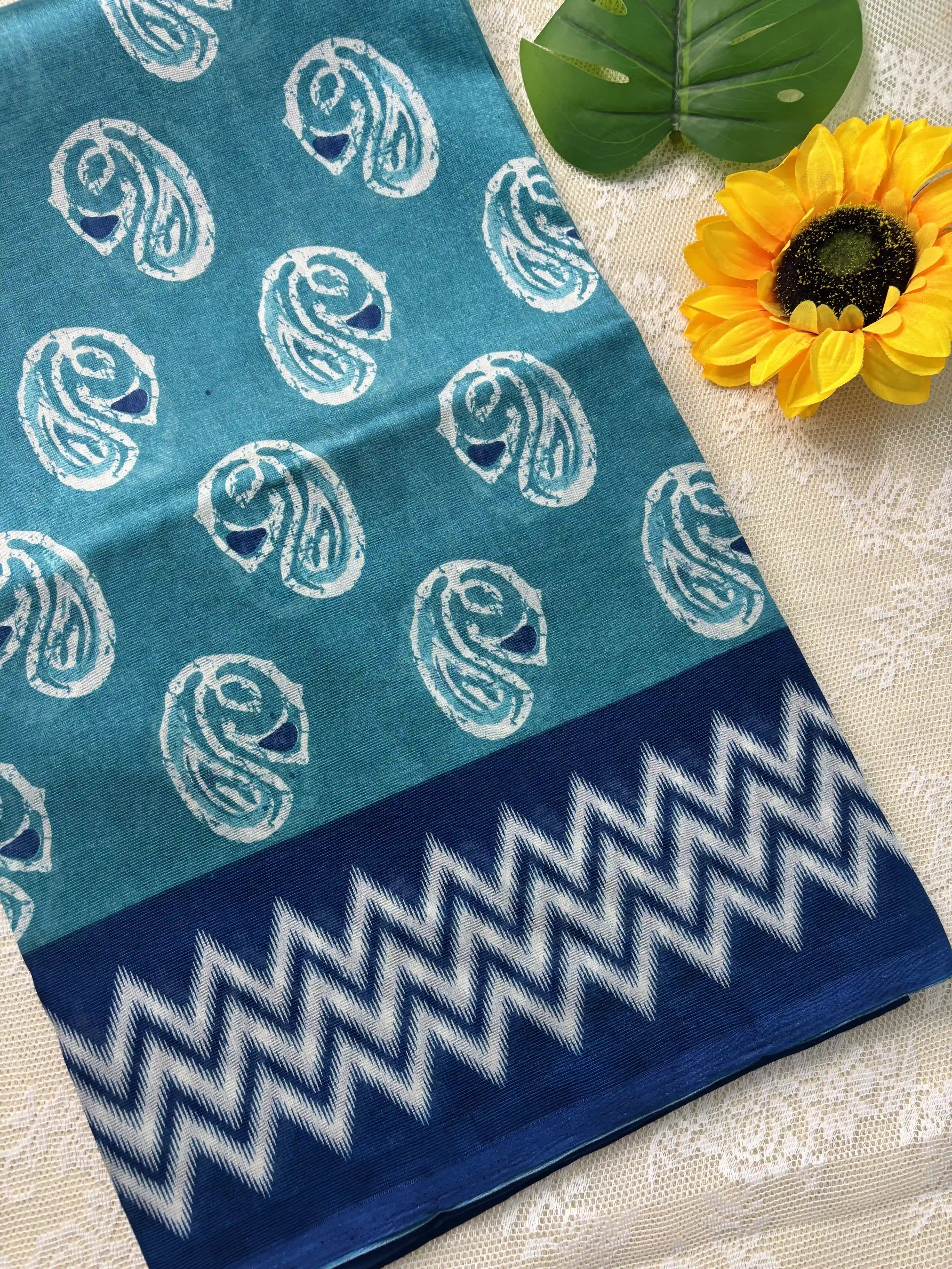 Bright Teal Blue Silk Soft Cotton Saree with Mango Motif Body and Zig Zag pattern Navy Blue Border and pallu