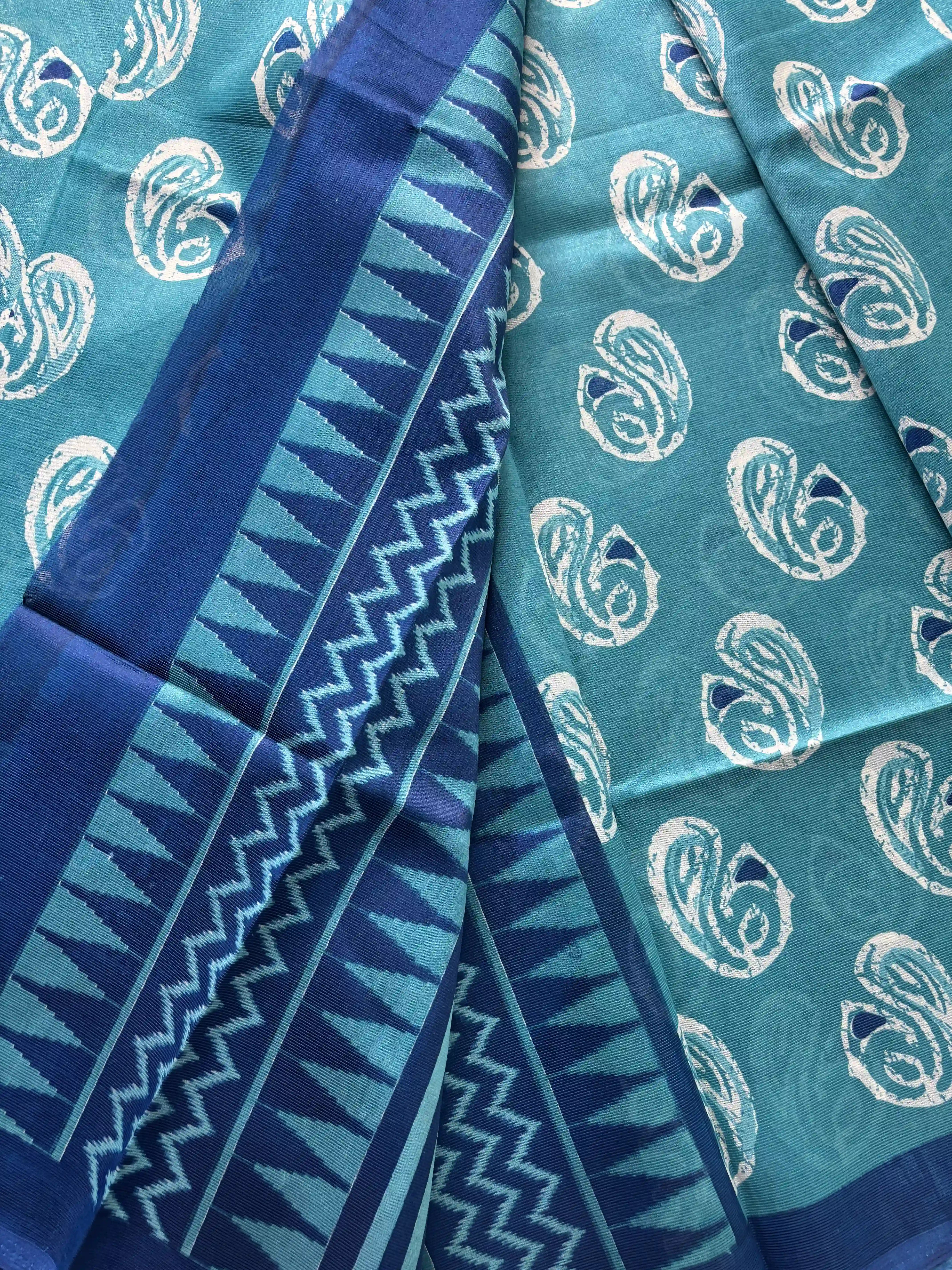 Bright Teal Blue Silk Soft Cotton Saree with Mango Motif Body and Zig Zag pattern Navy Blue Border and pallu