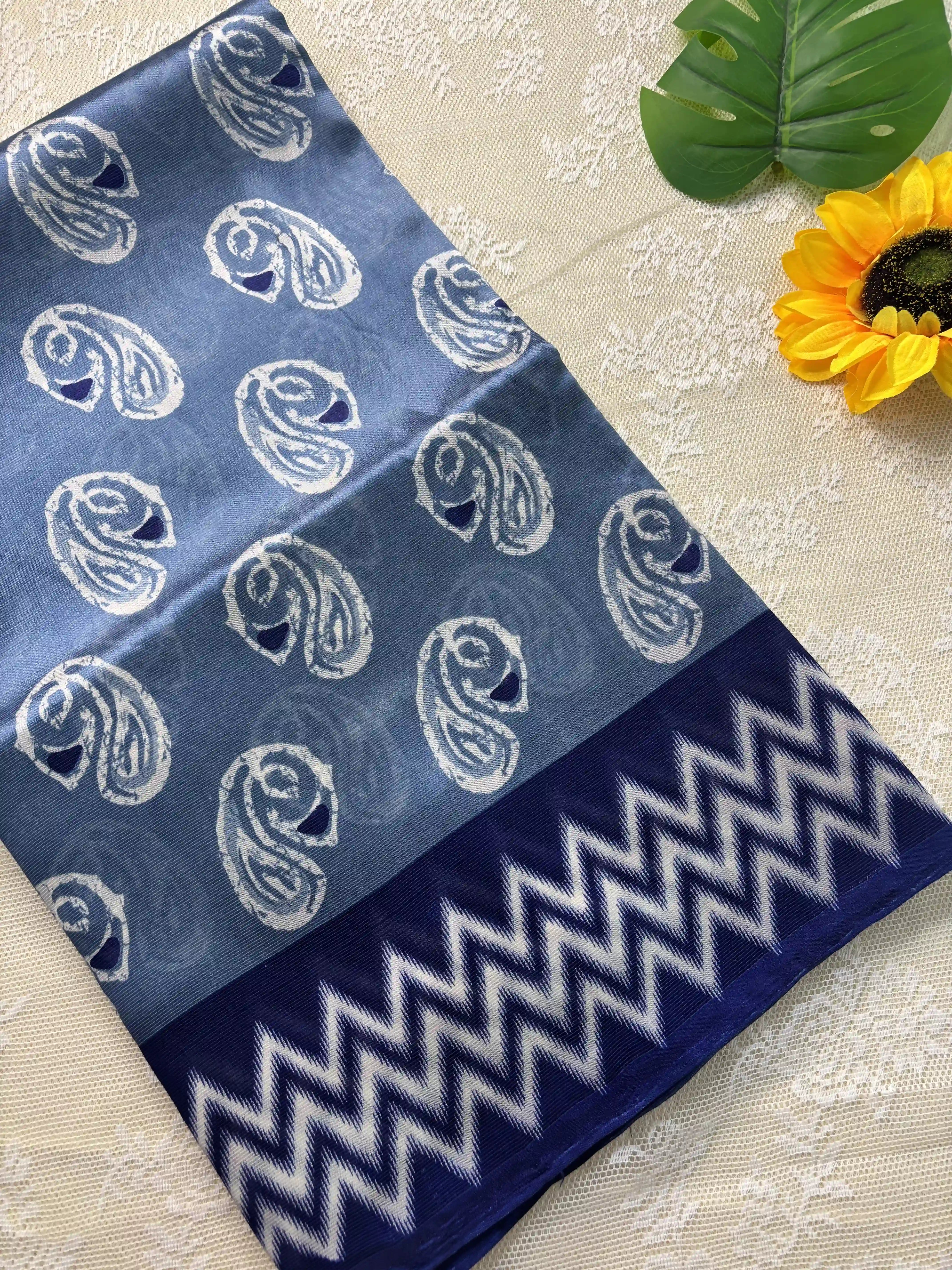 Metallic Grey Silk Soft Cotton Saree with Mango Motif Body and Zig Zag pattern Navy Blue Border and pallu