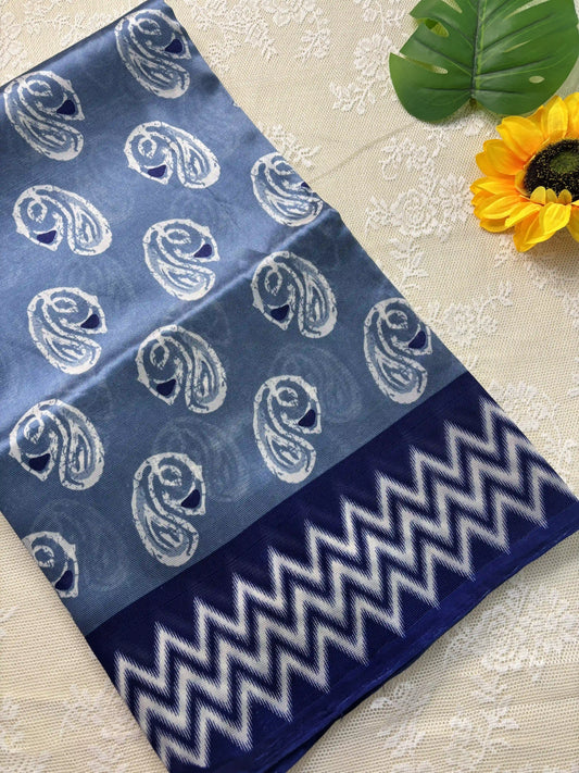 Metallic Grey Silk Soft Cotton Saree with Mango Motif Body and Zig Zag pattern Navy Blue Border and pallu