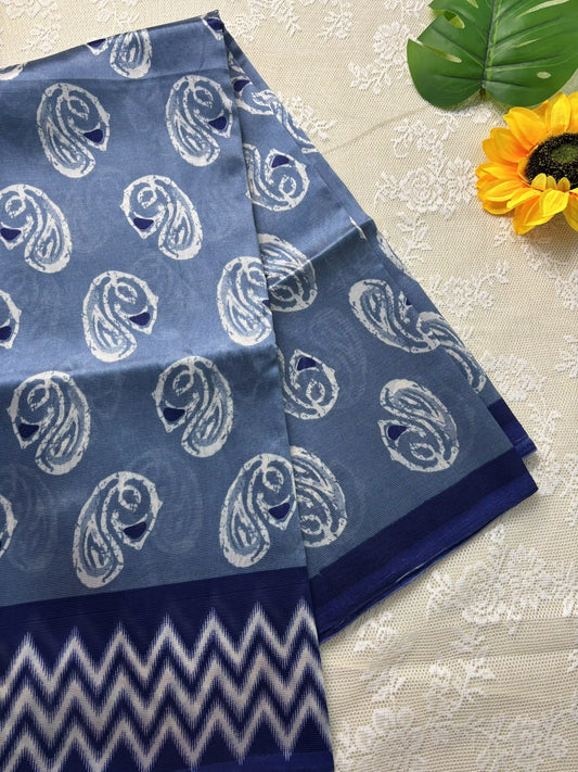 Metallic Grey Silk Soft Cotton Saree with Mango Motif Body and Zig Zag pattern Navy Blue Border and pallu
