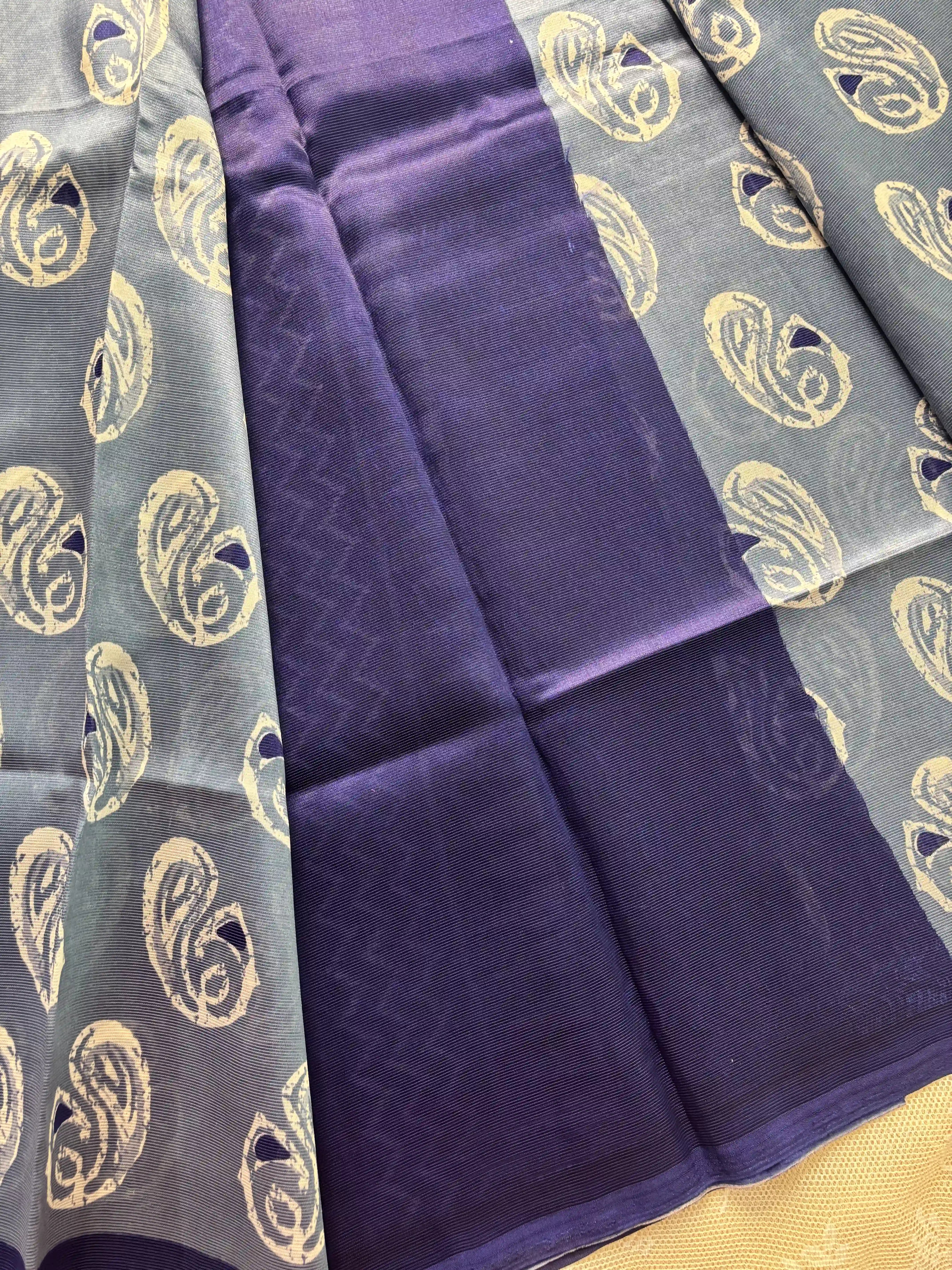 Metallic Grey Silk Soft Cotton Saree with Mango Motif Body and Zig Zag pattern Navy Blue Border and pallu
