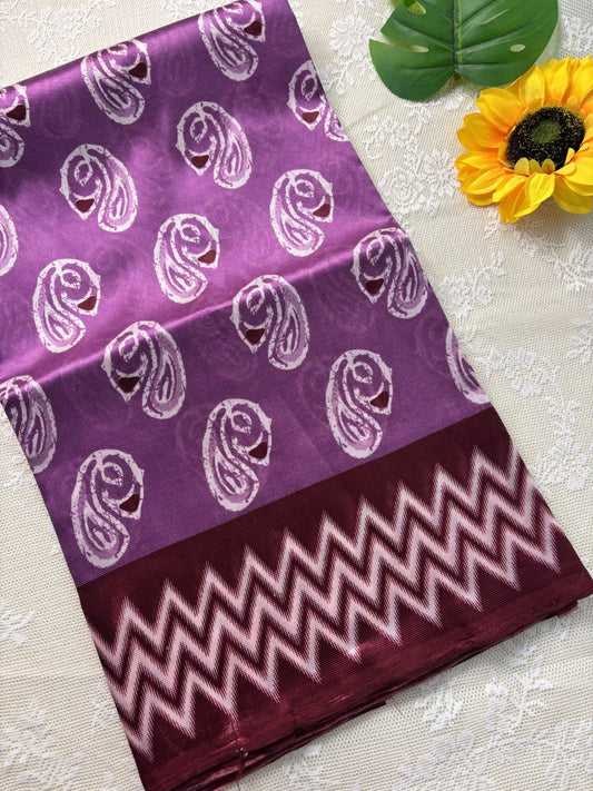 Pink Silk Soft Cotton Saree with Mango Motif Body and Zig Zag pattern Red Border and pallu